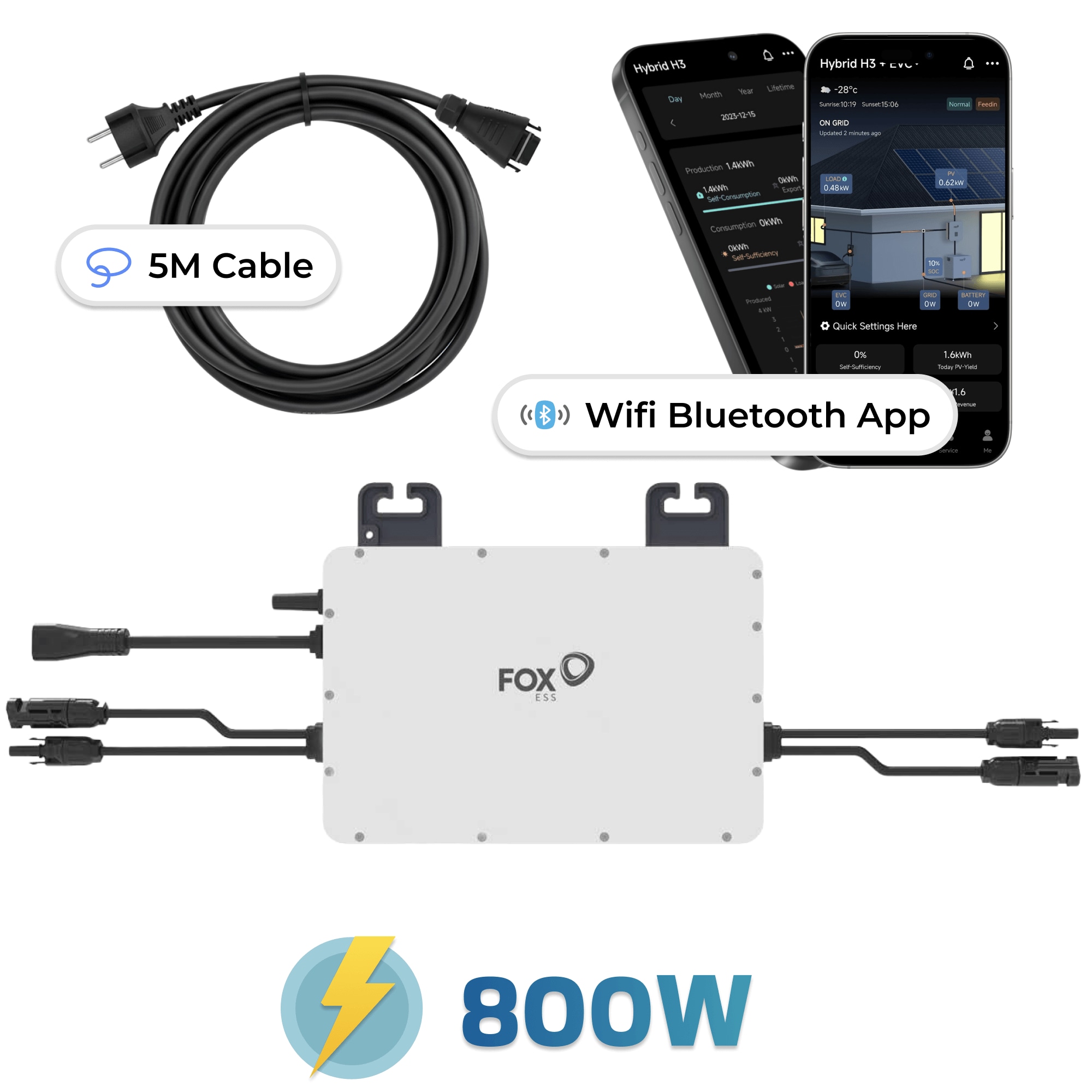 Fox ESS Mikro-Wechselrichter 800 W M1-800-E f&uuml;r Balkonkraftwerk, IP67 wetterfest, Plug-&-Play Installation, 2 MPPT, Bluetooth & WIFI, inkl. 5 m Anschlusskabel, Micro Inverter - Bild 1