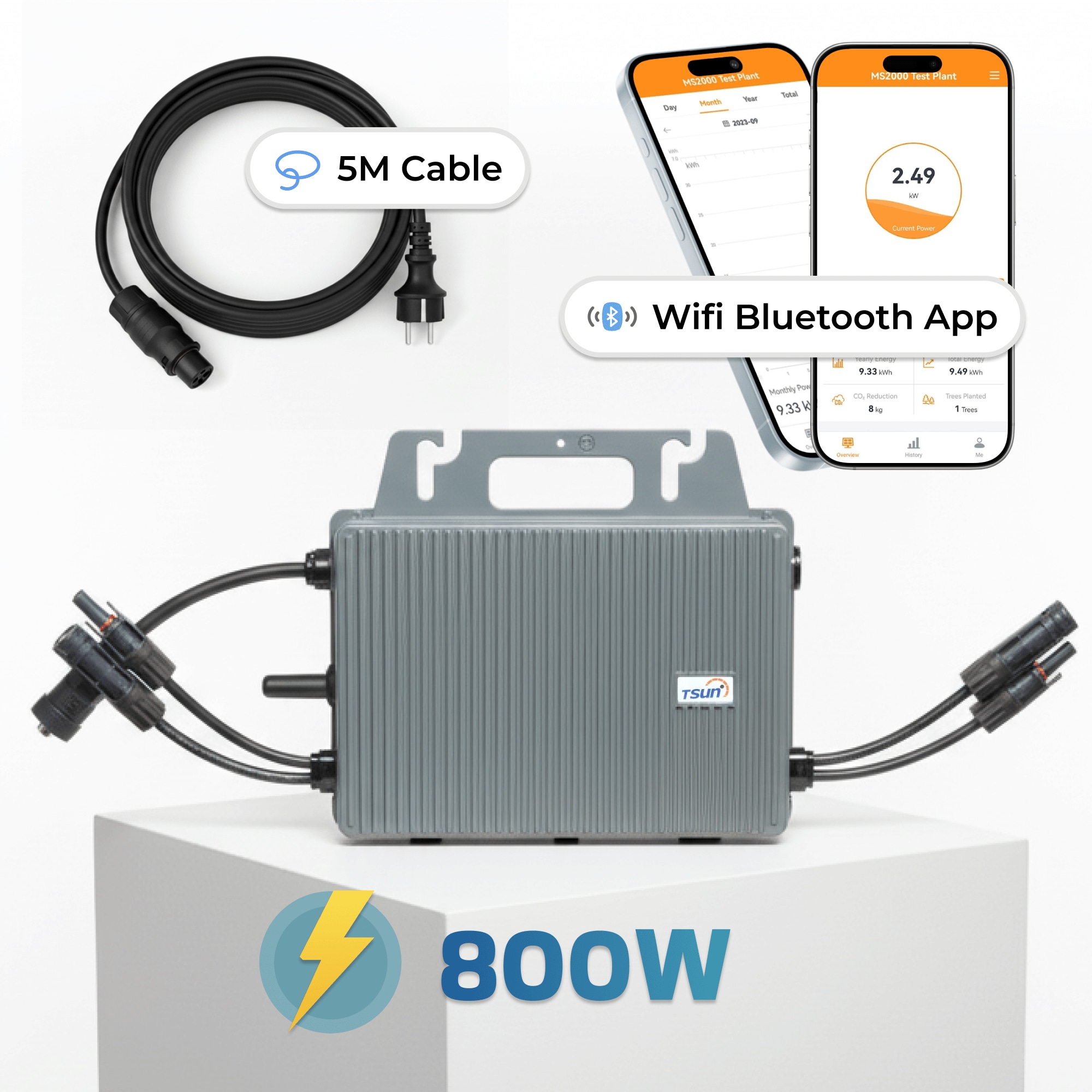 TSUN Mikro-Wechselrichter 800 W TSOL-MS800 f&uuml;r Balkonkraftwerk, IP67 wetterfest, Plug-&-Play Installation, 2 MPPT, Bluetooth & WIFI, inkl. 5 m Anschlusskabel, Micro Inverter - Bild 1