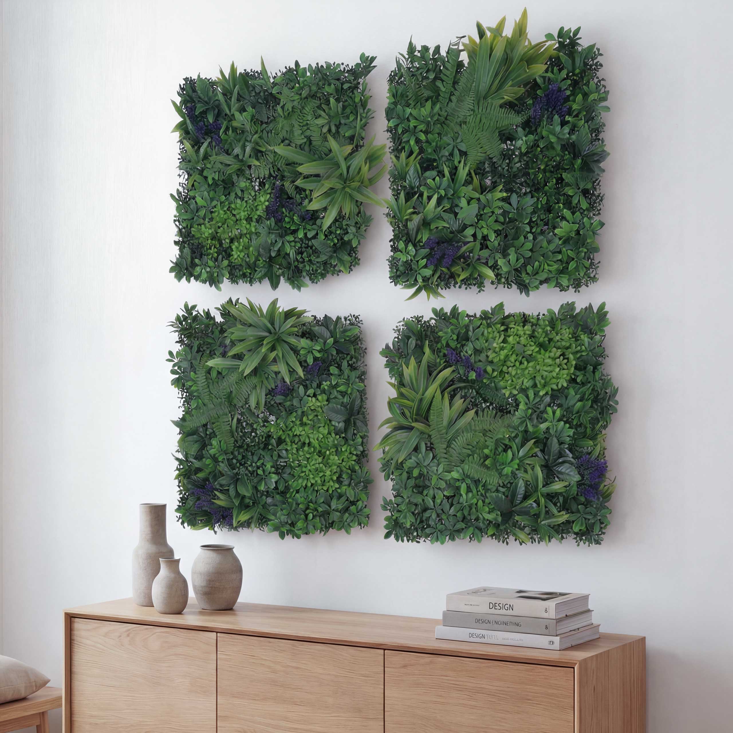 Wandpaneel MCW-O95, Pflanzenwand Wanddeko Kunstpflanze, In-/Outdoor, 4x je 50x50cm = 1m&sup2; ~ Bl&auml;tter gr&uuml;n, lila Bl&uuml;ten - Bild 1