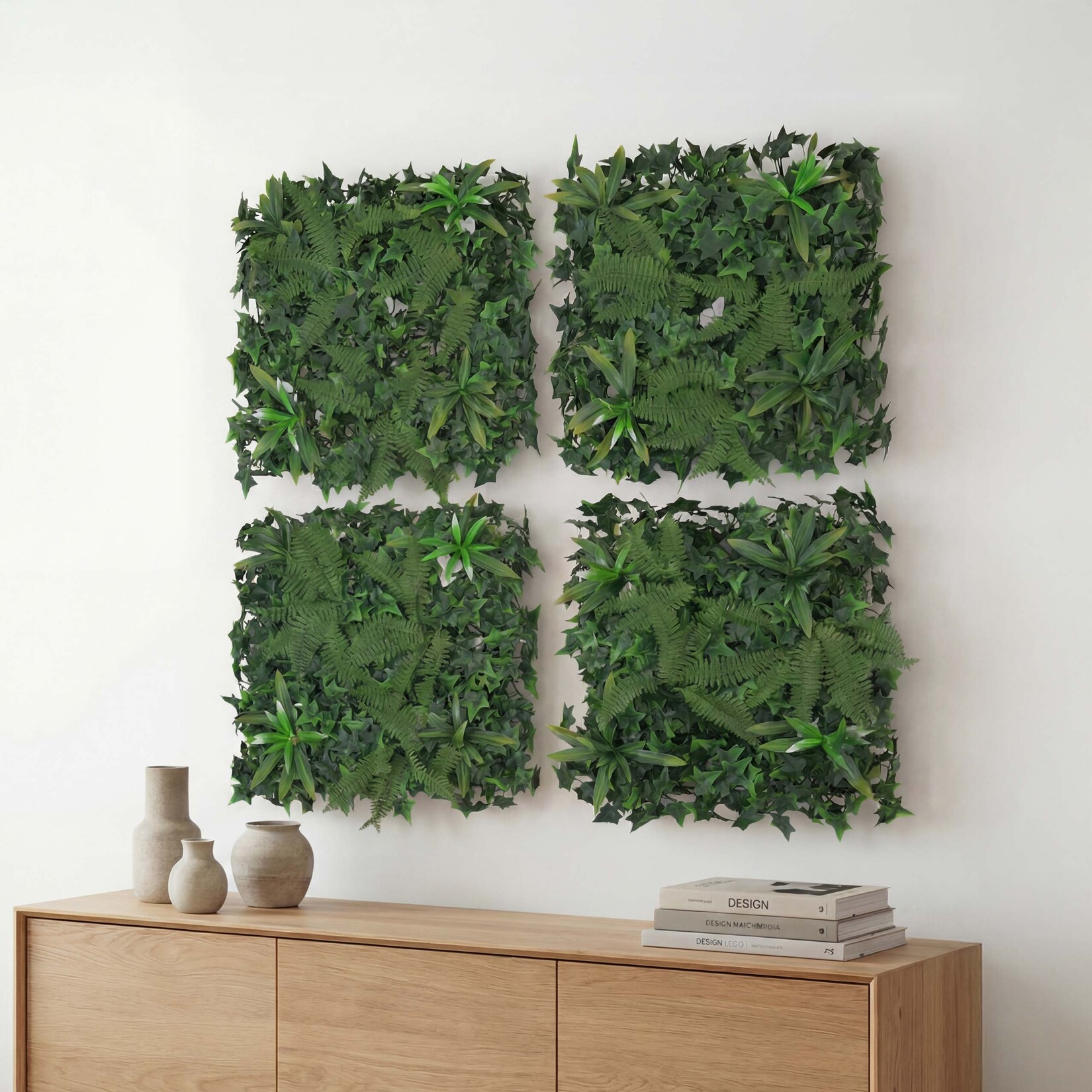 Wandpaneel MCW-O95, Pflanzenwand Wanddeko Kunstpflanze, In-/Outdoor, 4x je 50x50cm = 1m² ~ Farn/Efeu