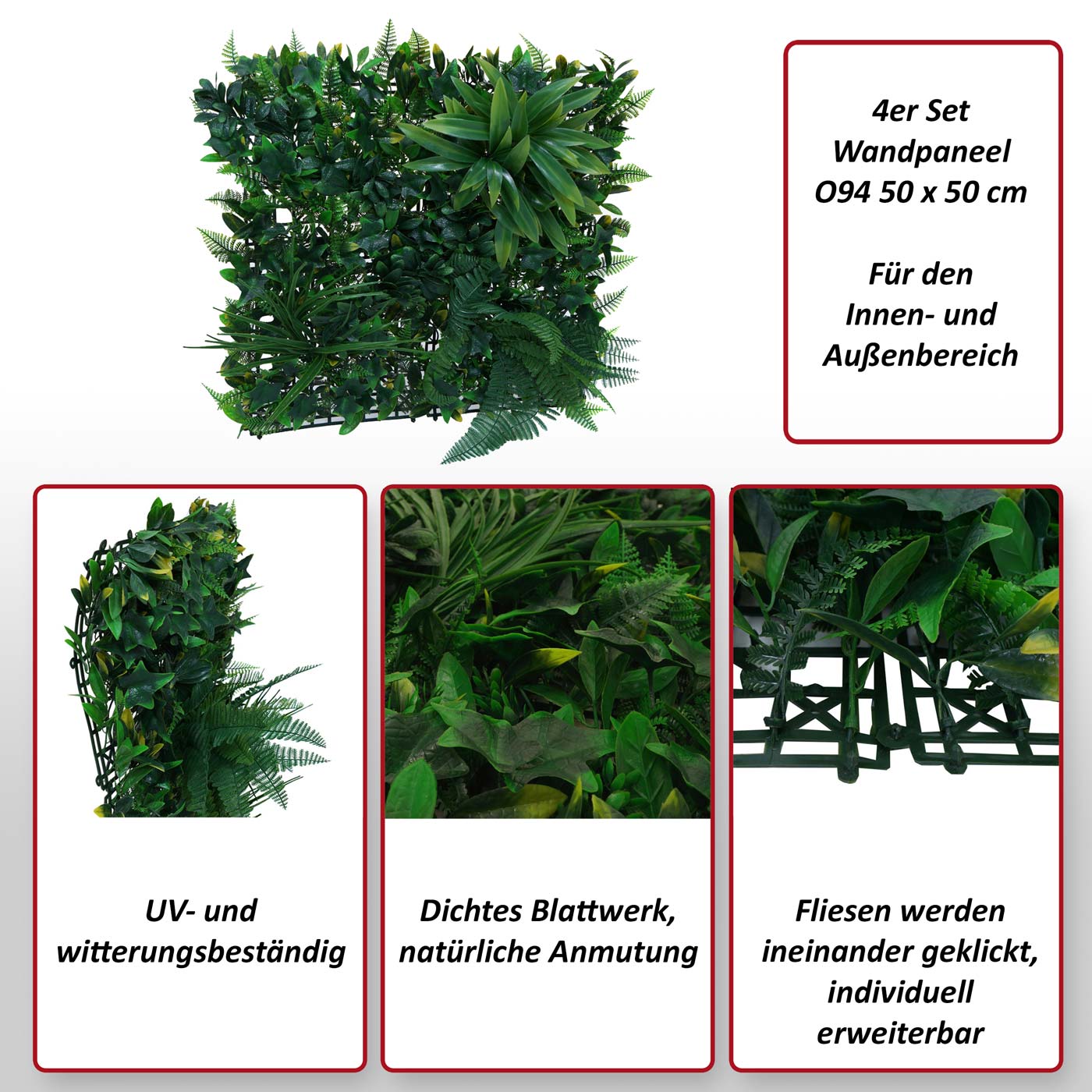 Wandpaneel MCW-O94, Pflanzenwand Wanddeko Kunstpflanze, In-/Outdoor, 4x je  50x50cm = 1m, Pflanzen grn online kaufen bei Netto