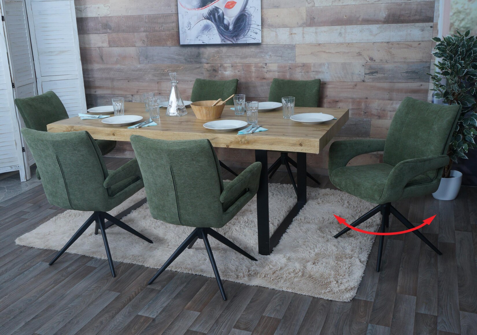 6er-Set Esszimmerstuhl MCW-O78, Küchenstuhl, drehbar Auto-Return, Stoff/Textil Chenille (310g/m²) Öko-Tex ~ grün