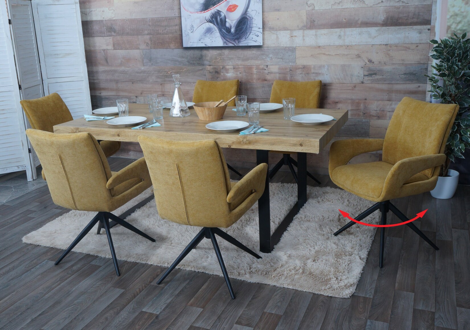 6er-Set Esszimmerstuhl MCW-O78, Küchenstuhl, drehbar Auto-Return, Stoff/Textil Chenille (310g/m²) Öko-Tex ~ senfgelb | 04057651769783