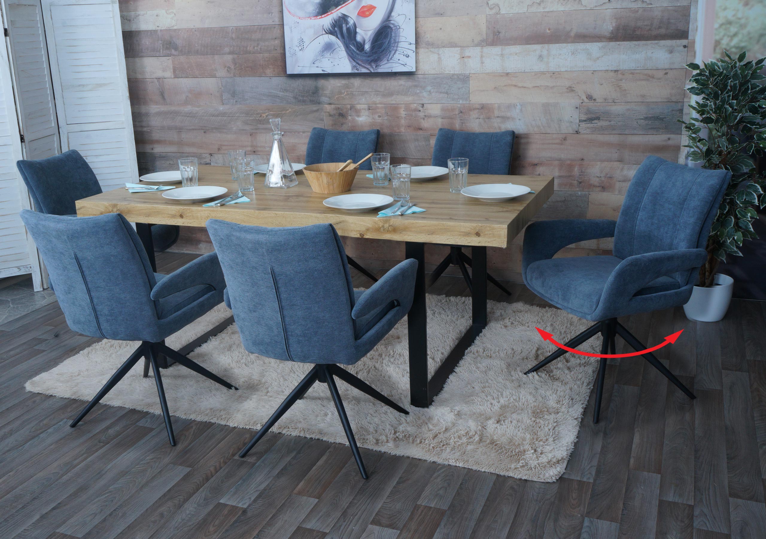 6er-Set Esszimmerstuhl MCW-O78, K&uuml;chenstuhl, drehbar Auto-Return, Stoff/Textil Chenille (310g/m&sup2;) &Ouml;ko-Tex ~ graublau - Bild 1