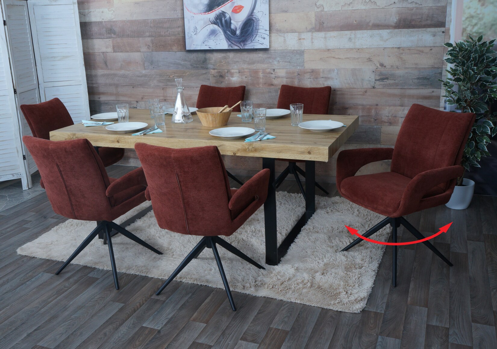 6er-Set Esszimmerstuhl MCW-O78, Küchenstuhl, drehbar Auto-Return, Stoff/Textil Chenille (310g/m²) Öko-Tex ~ rotbraun