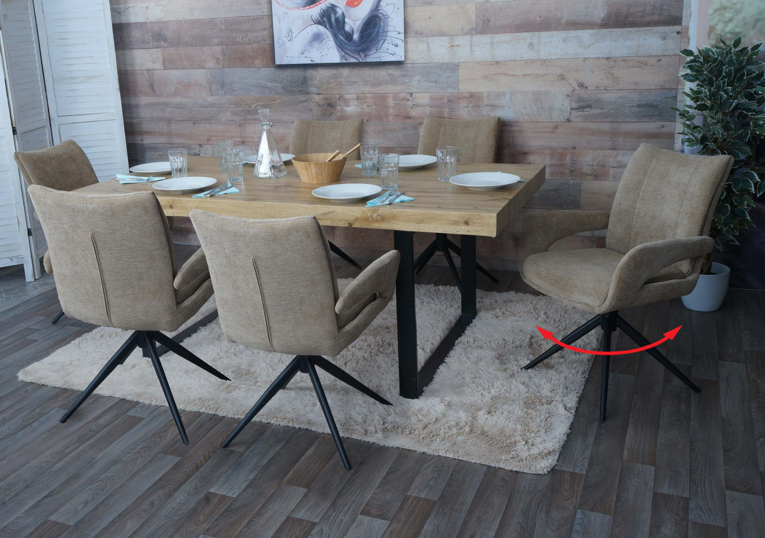 6er-Set Esszimmerstuhl MCW-O78, K&uuml;chenstuhl, drehbar Auto-Return, Stoff/Textil Chenille (310g/m&sup2;) &Ouml;ko-Tex ~ hellbraun - Bild 1