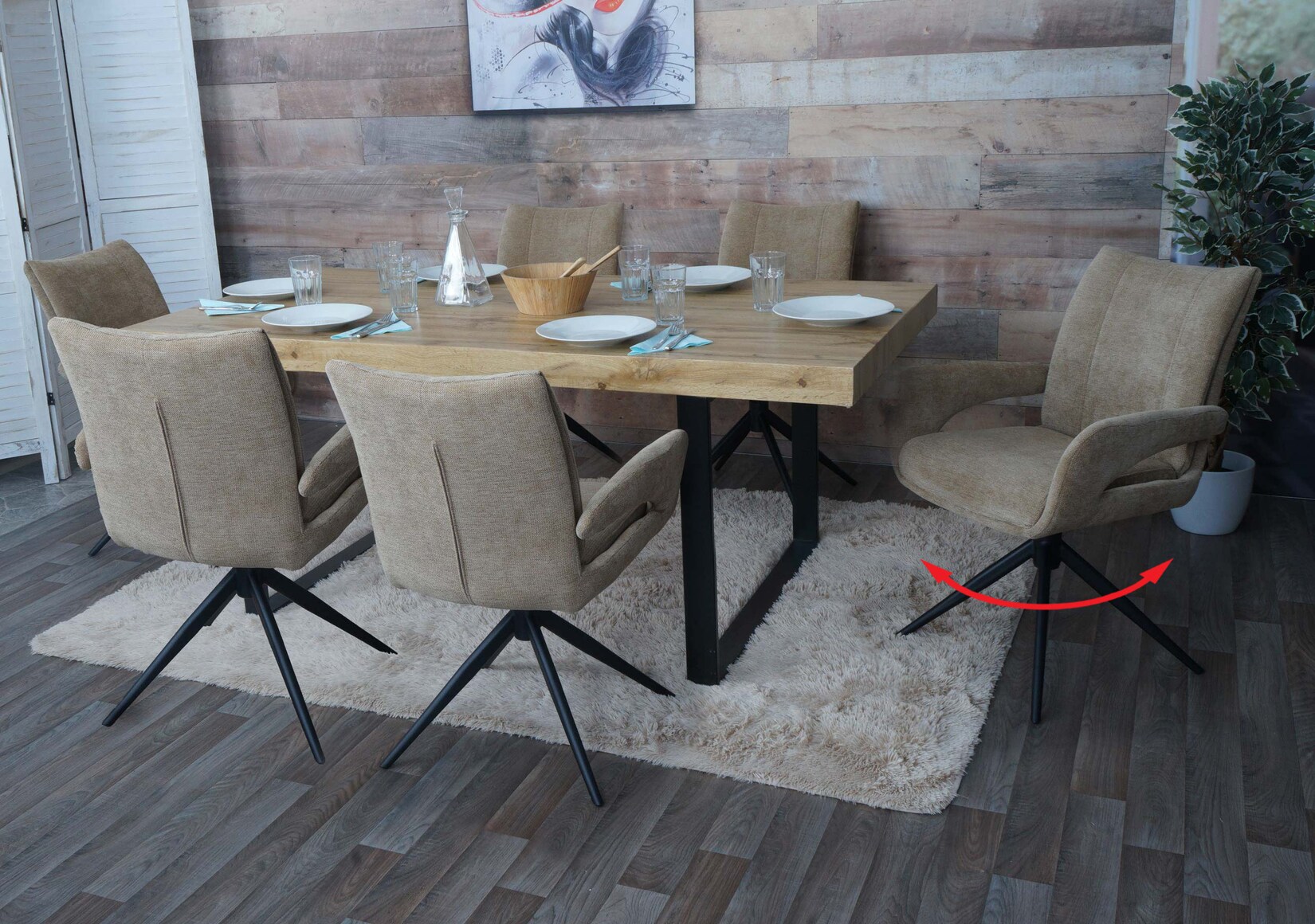 6er-Set Esszimmerstuhl MCW-O78, Küchenstuhl, drehbar Auto-Return, Stoff/Textil Chenille (310g/m²) Öko-Tex ~ hellbraun