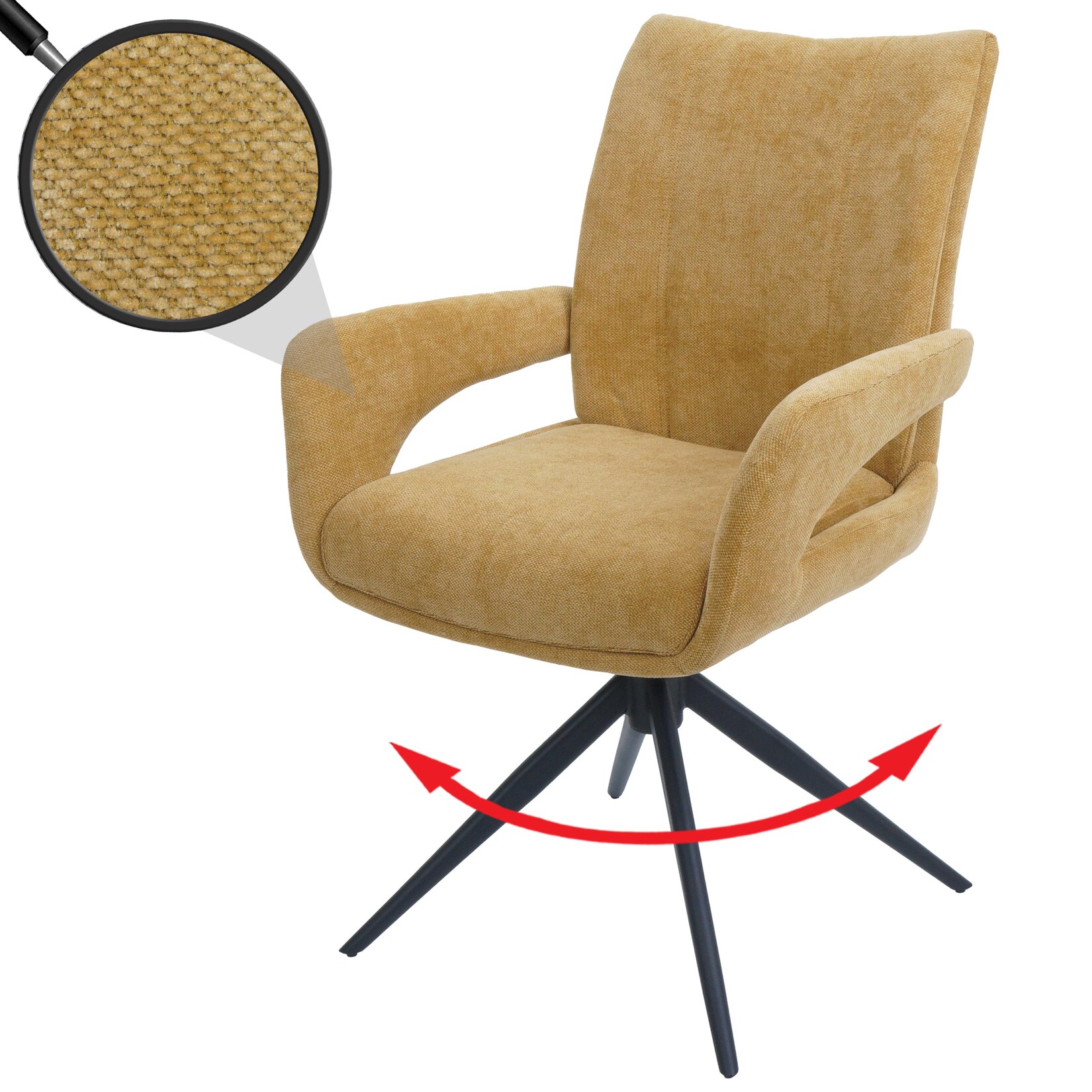 Esszimmerstuhl MCW-O78, Küchenstuhl Stuhl, drehbar Auto-Return, Stoff/Textil Chenille (310g/m²) Öko-Tex ~ senfgelb | 04057651922294