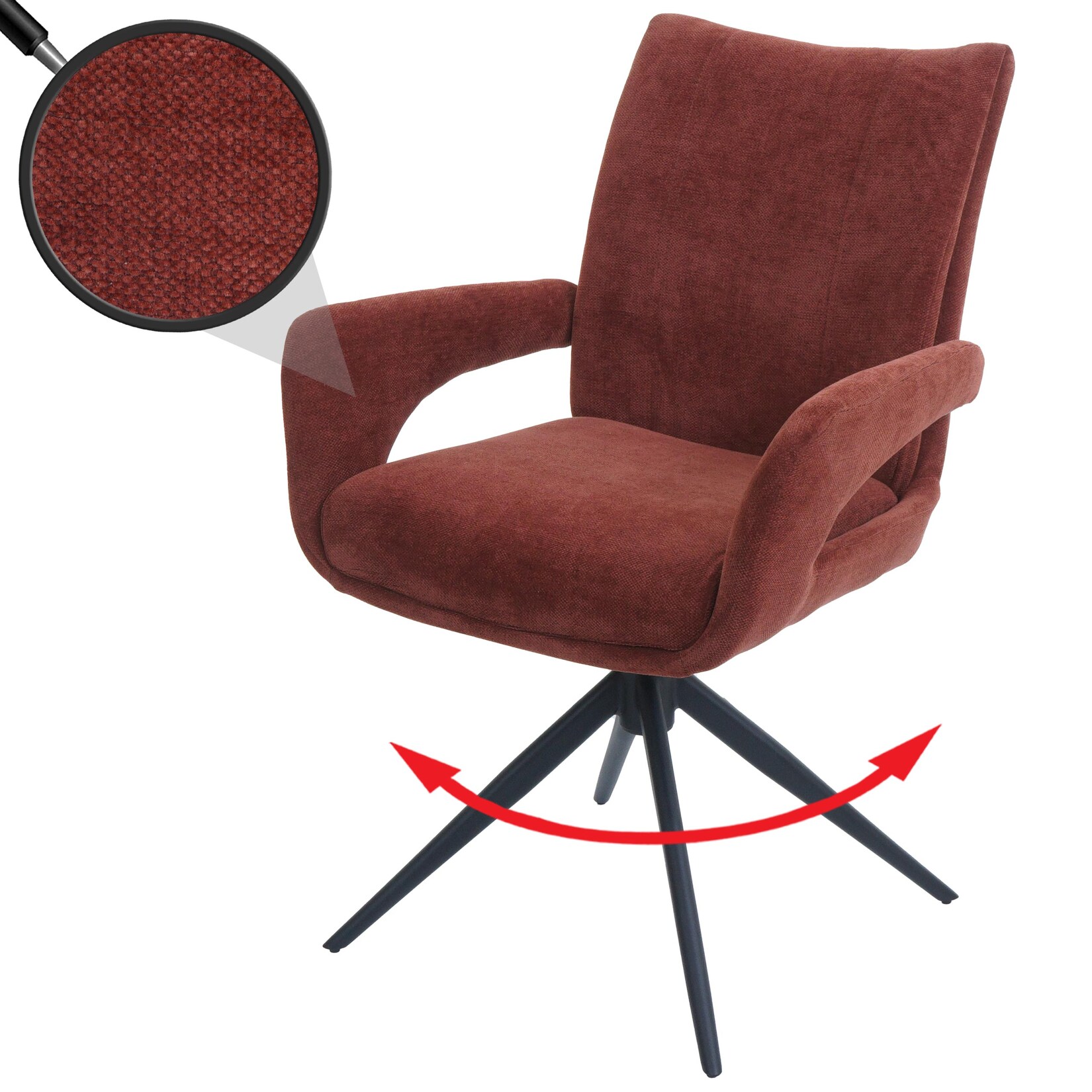 Esszimmerstuhl MCW-O78, Küchenstuhl Stuhl, drehbar Auto-Return, Stoff/Textil Chenille (310g/m²) Öko-Tex ~ rotbraun
