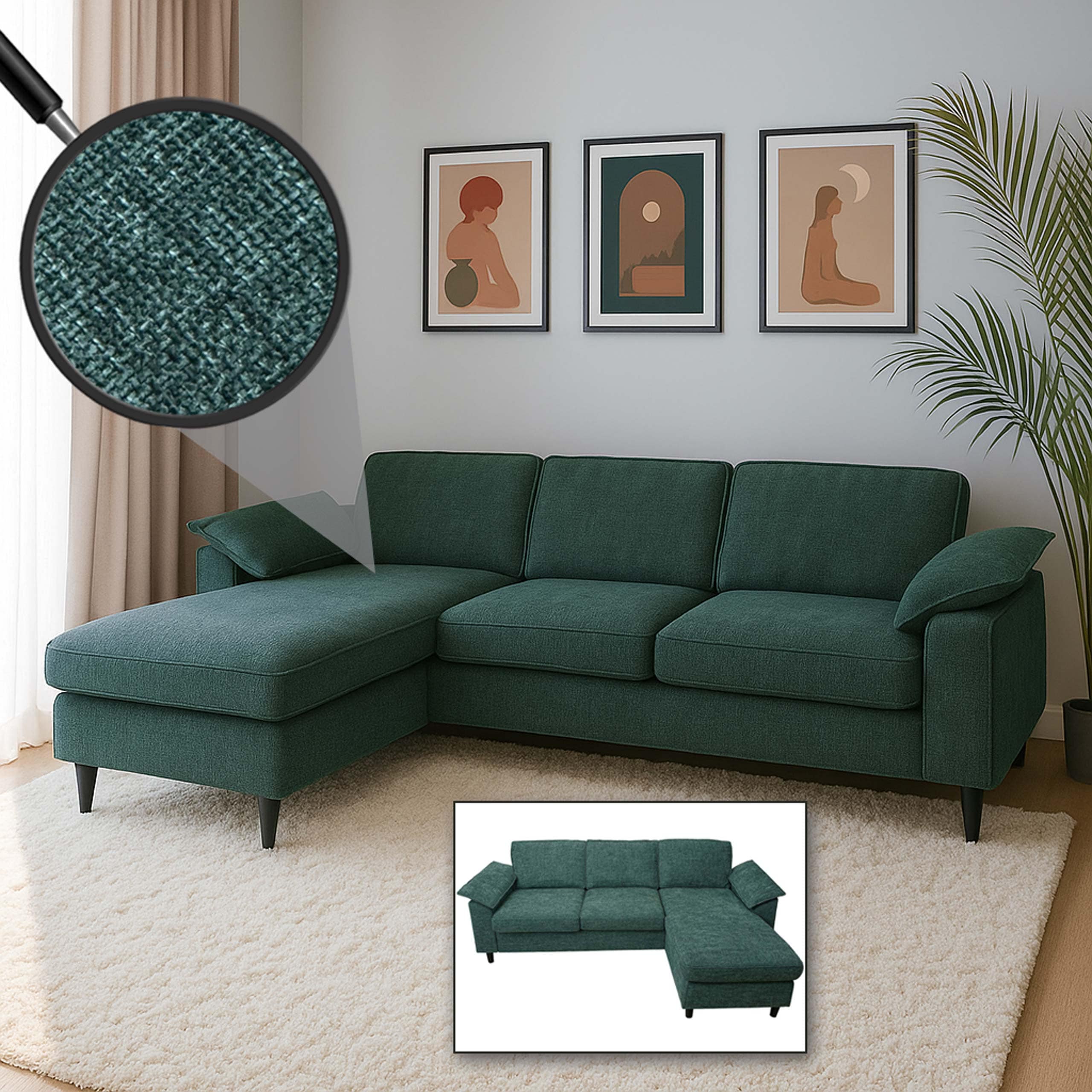 Sofa-Garnitur MCW-O71, Couch Ecksofa L-Form, Liegefl&auml;che links/rechts, Stoff (320 g/m&sup2;) Holz 84x229x140cm ~ grau-gr&uuml;n - Bild 1