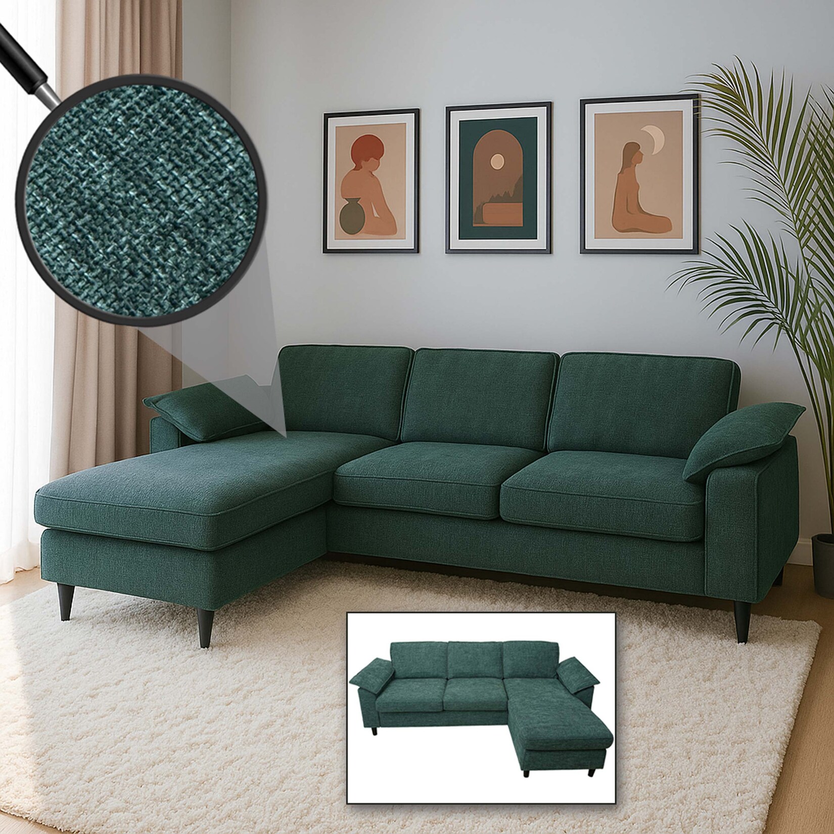 Sofa-Garnitur MCW-O71, Couch Ecksofa L-Form, Liegefläche links/rechts, Stoff (320 g/m²) Holz 84x229x140cm ~ grau-grün