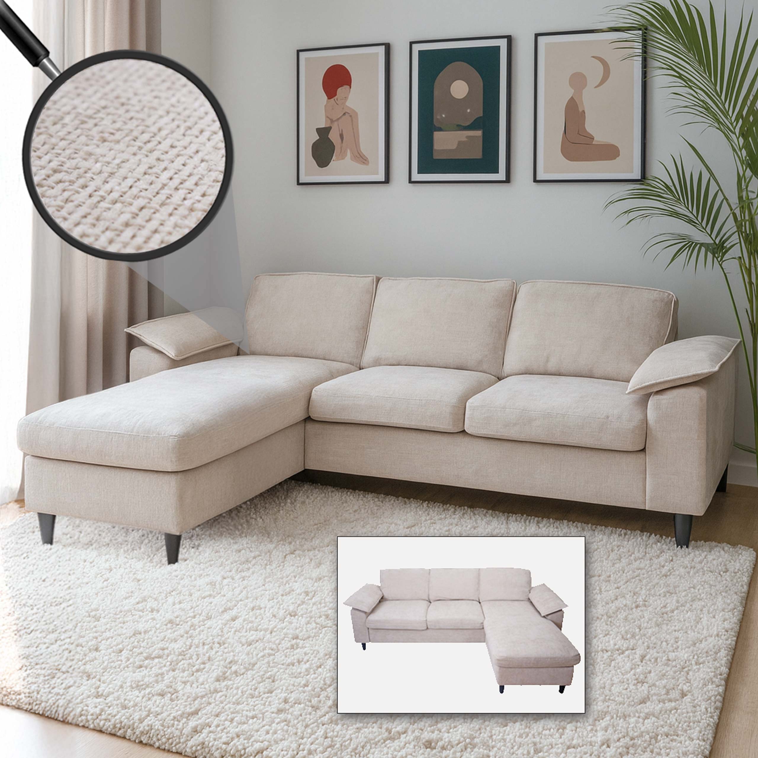 Sofa-Garnitur MCW-O71, Couch Ecksofa L-Form, Liegefl&auml;che links/rechts, Stoff (320 g/m&sup2;) Holz 84x229x140cm ~ beige - Bild 1