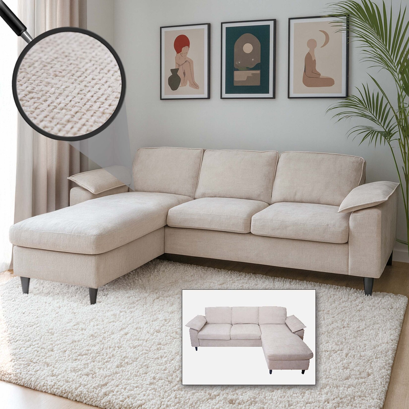 Sofa-Garnitur MCW-O71, Couch Ecksofa L-Form, Liegefläche links/rechts, Stoff (320 g/m²) Holz 84x229x140cm ~ beige