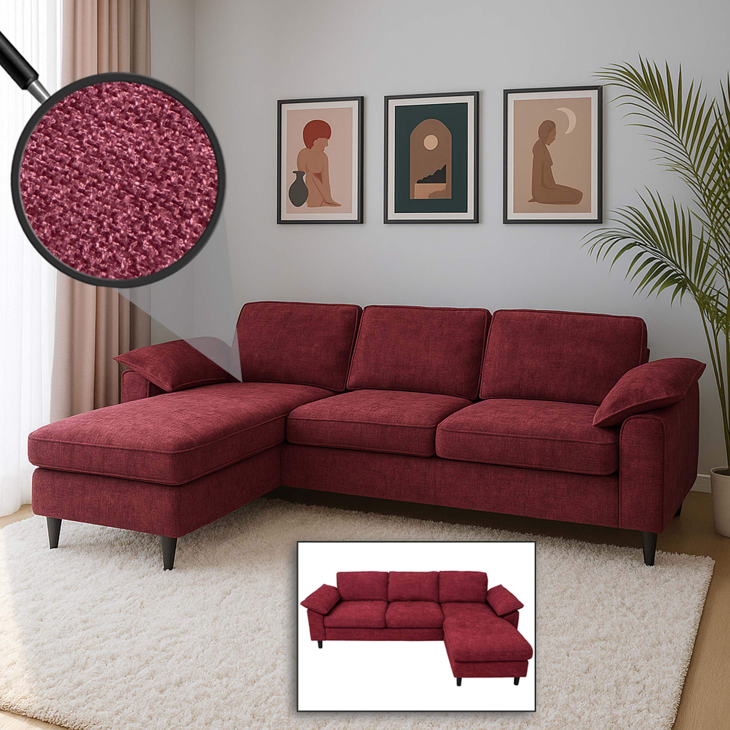 Sofa-Garnitur MCW-O71, Couch Ecksofa L-Form, Liegefl&auml;che links/rechts, Stoff (320 g/m&sup2;) Holz 84x229x140cm ~ bordeaux - Bild 1
