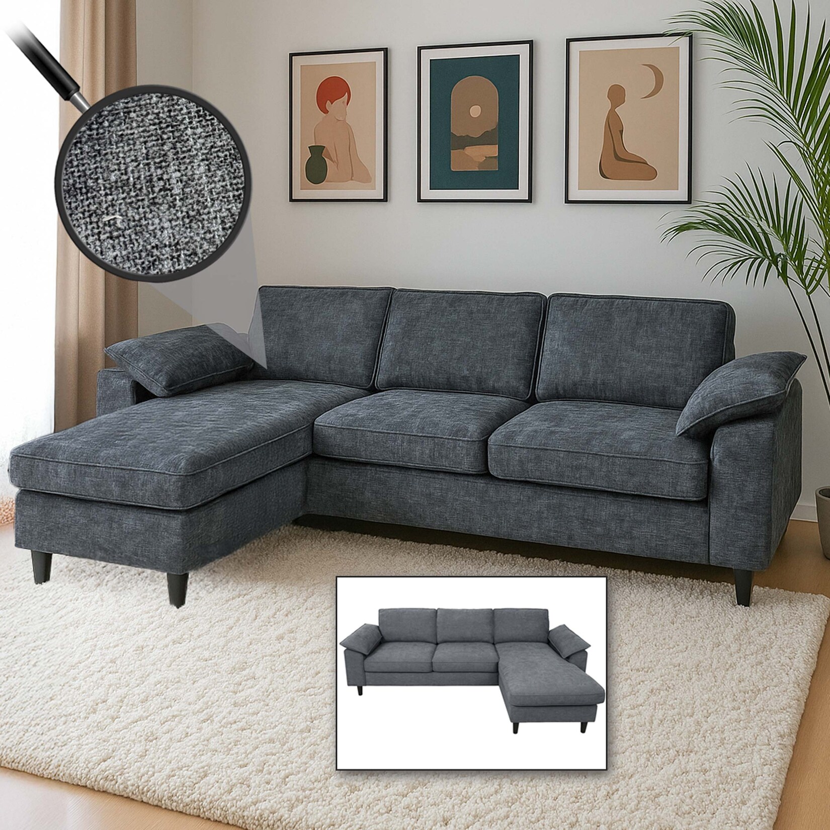 Sofa-Garnitur MCW-O71, Couch Sofa Ecksofa L-Form, Liegefläche links/rechts, Stoff/Textil Holz 84x229x140cm ~ dunkelgrau | 04057651773896