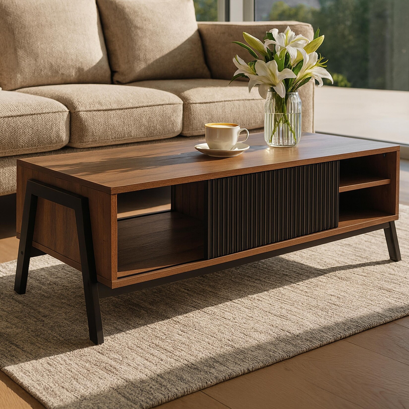 Couchtisch MCW-O40, Wohnzimmertisch Sofatisch, Staufächer Schiebetür MDF Metall Melamin 42x120x60cm ~ natur