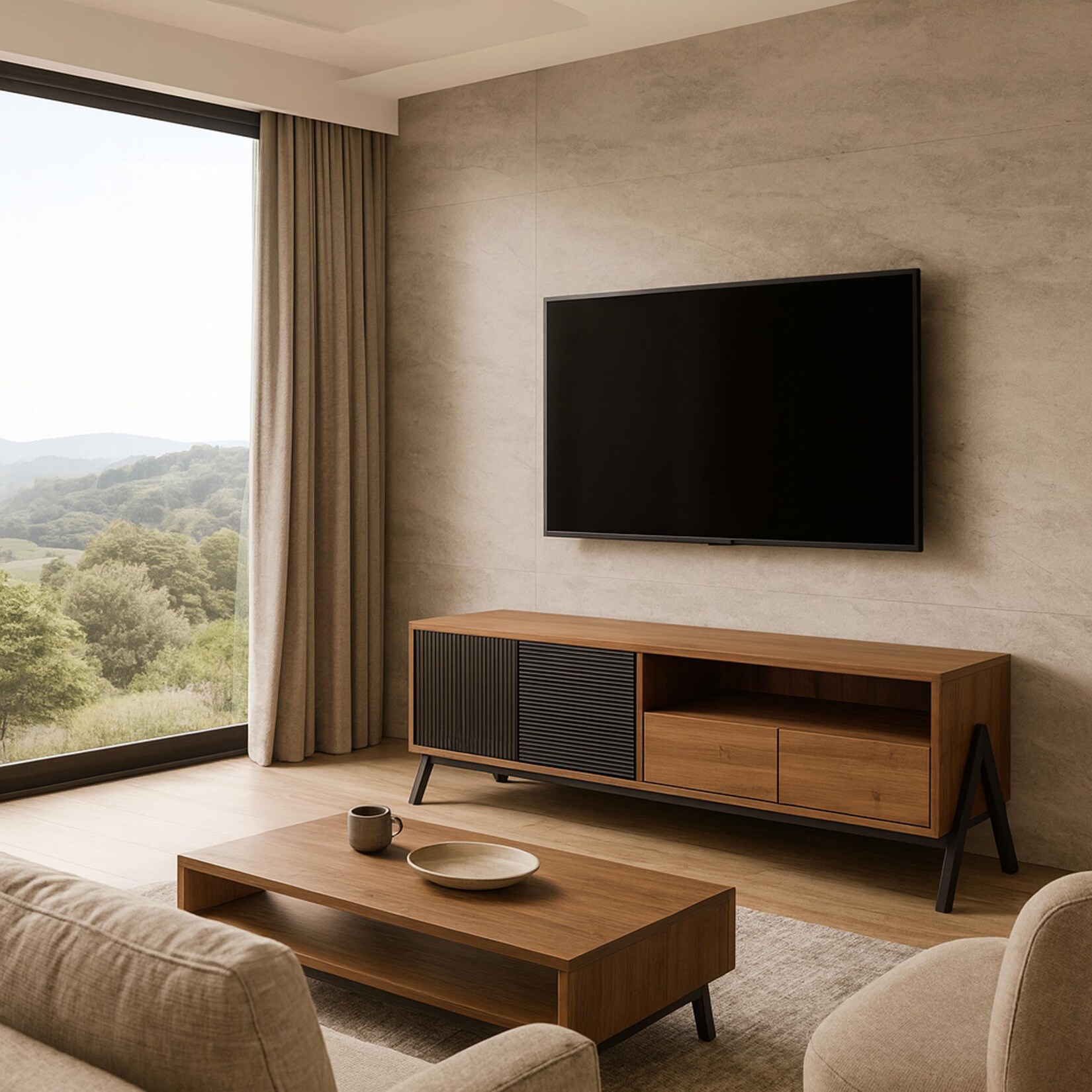 TV-Rack MCW-O40, Lowboard TV-Schrank 2 Schubladen Türen Staufächer, MDF Metall Melamin 48x155x40cm ~ natur