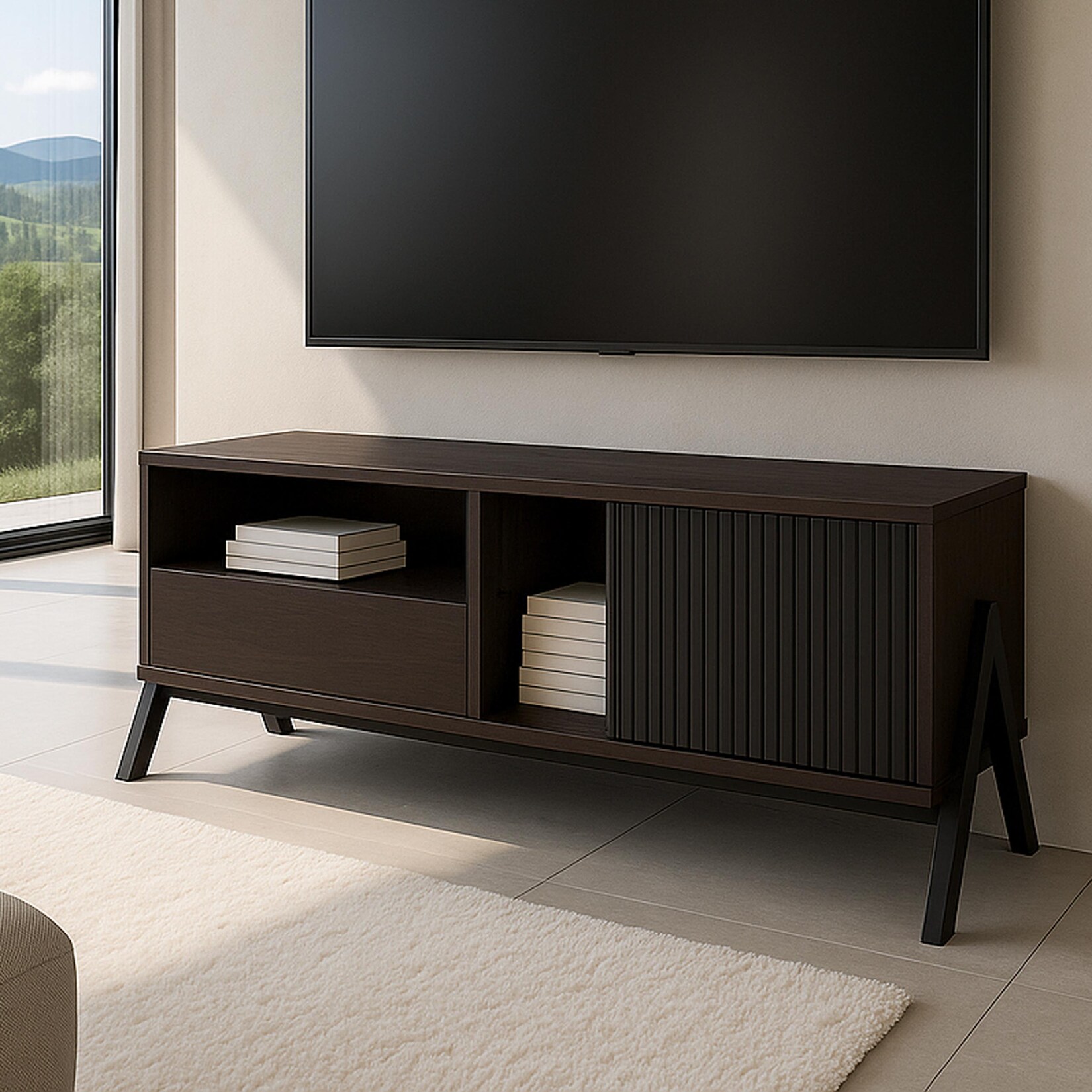TV-Rack MCW-O40, Lowboard TV-Schrank Schiebetür Staufächer Schublade, MDF Metall Melamin 49x120x40cm ~ Walnuss-Optik