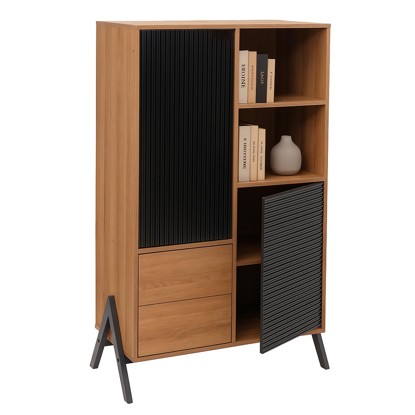 Hochschrank MCW-O40, Schrank Highboard mit Türen Staufächer Schubladen, MDF Metall Melamin 138x79x40cm ~ natur