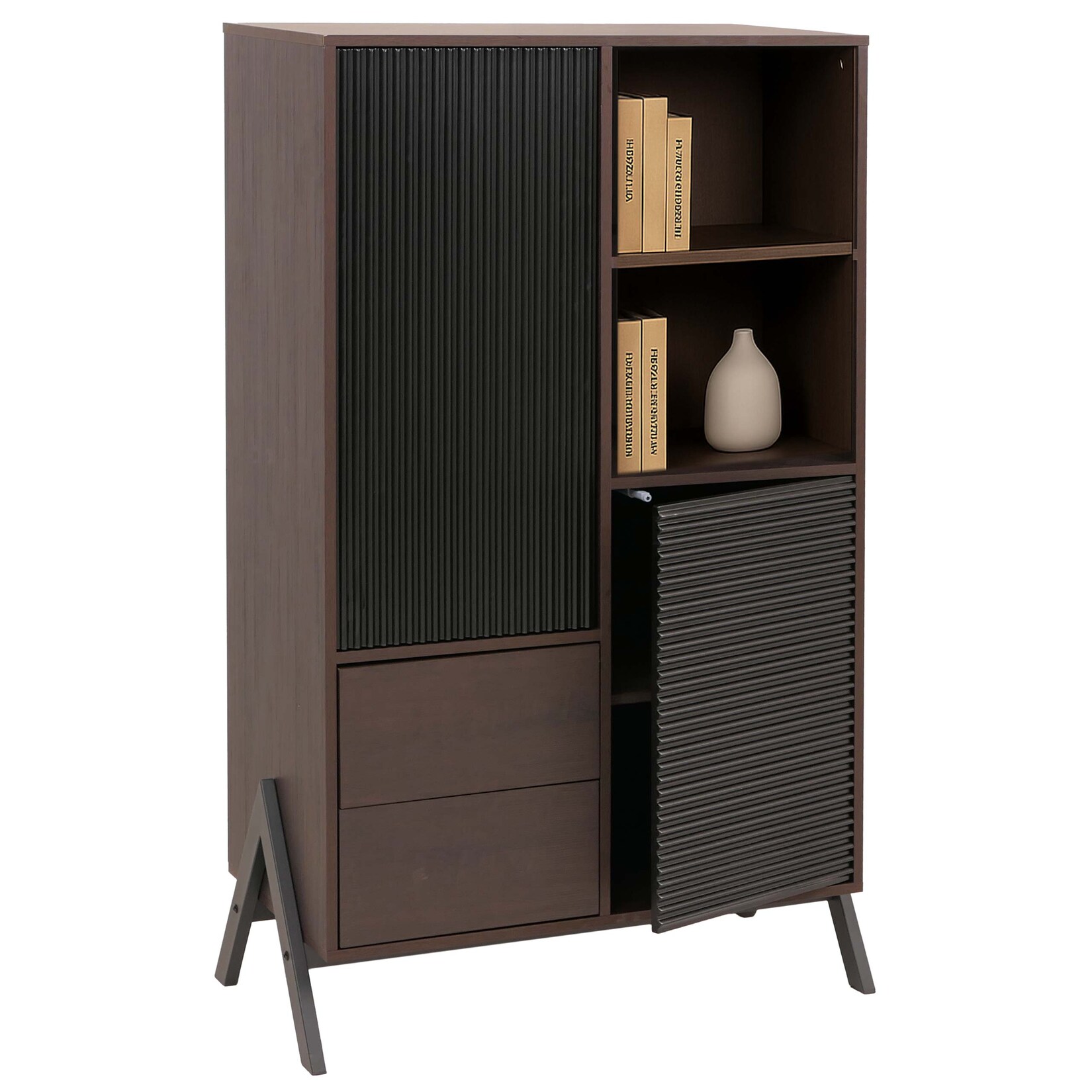 Hochschrank MCW-O40, Schrank Highboard mit Türen Staufächer Schubladen, MDF Metall Melamin 138x79x40cm ~ Walnuss-Optik