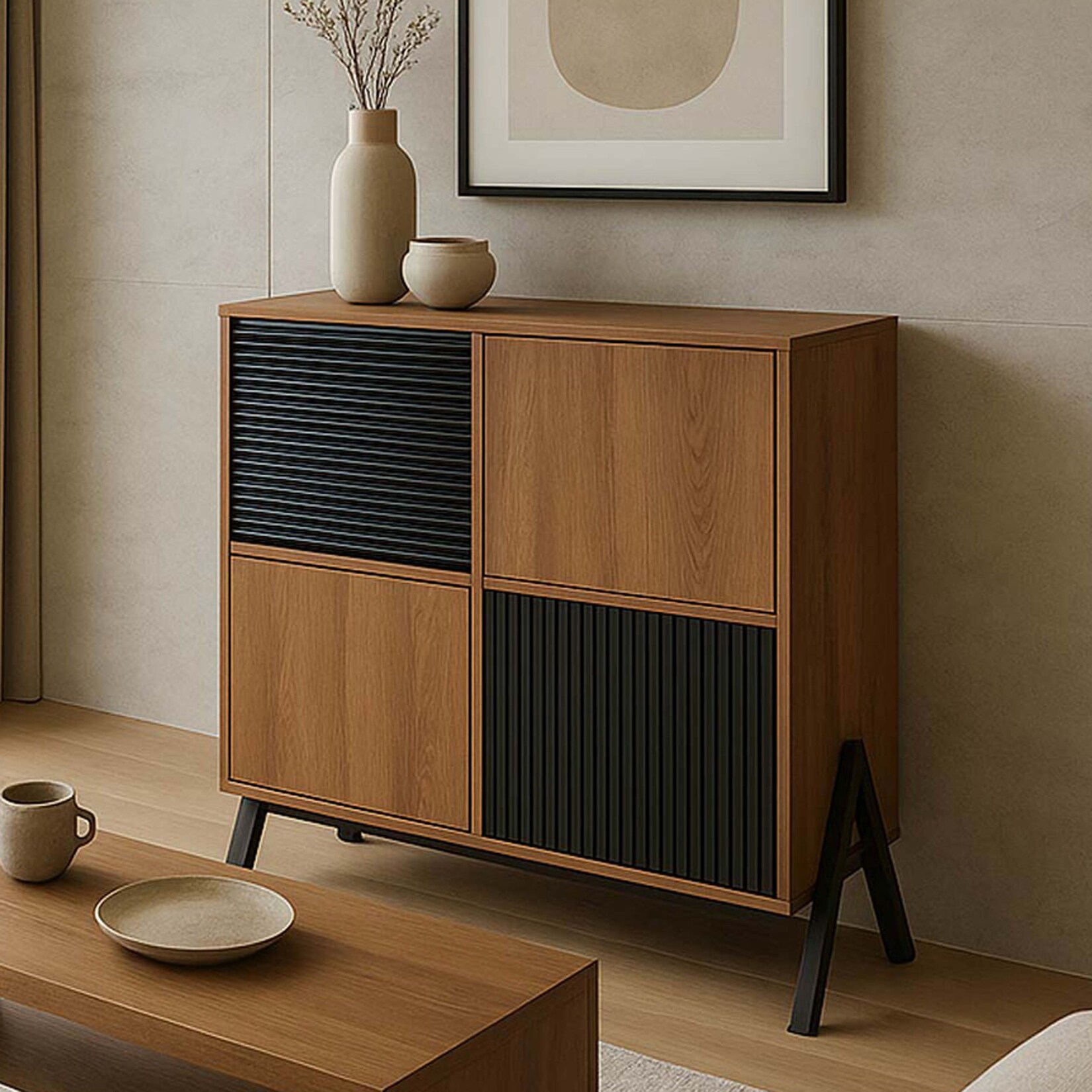 Kommode MCW-O40, Schrank Sideboard Highboard mit Türen Staufächer, MDF Metall Melamin 94x79x40cm ~ natur