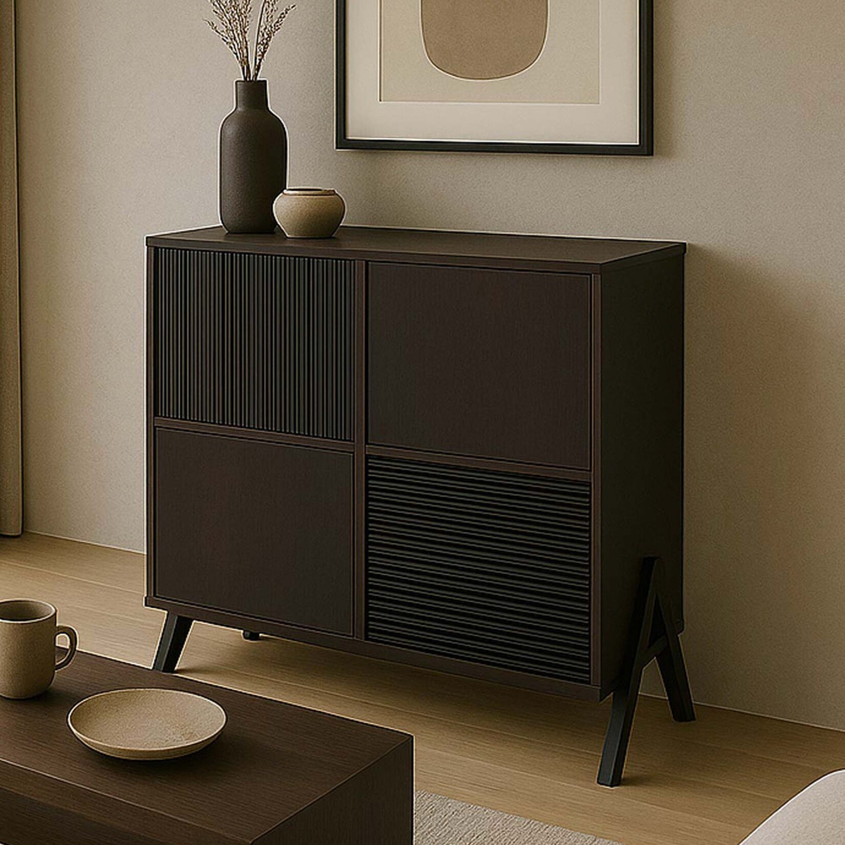 Kommode MCW-O40, Schrank Sideboard Highboard mit Türen Staufächer, MDF Metall Melamin 94x79x42cm ~ Walnuss-Optik
