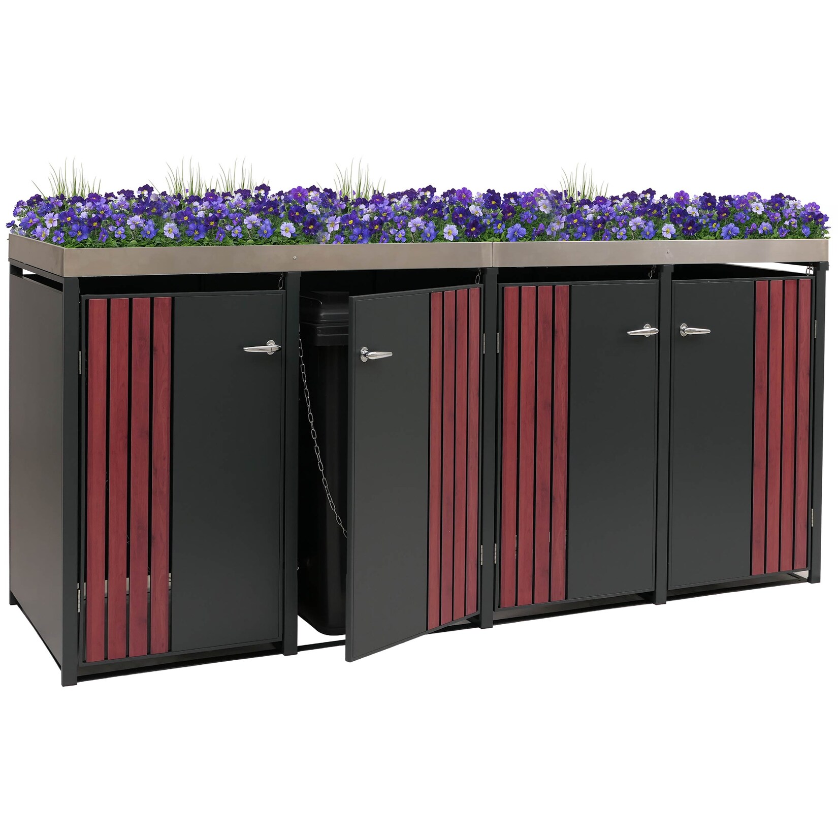 4er-Mülltonnenverkleidung MCW-O67, Mülltonnenbox mit Pflanzkasten, Metall 125x260x84cm 95kg ~ anthrazit Holzoptik dunkel