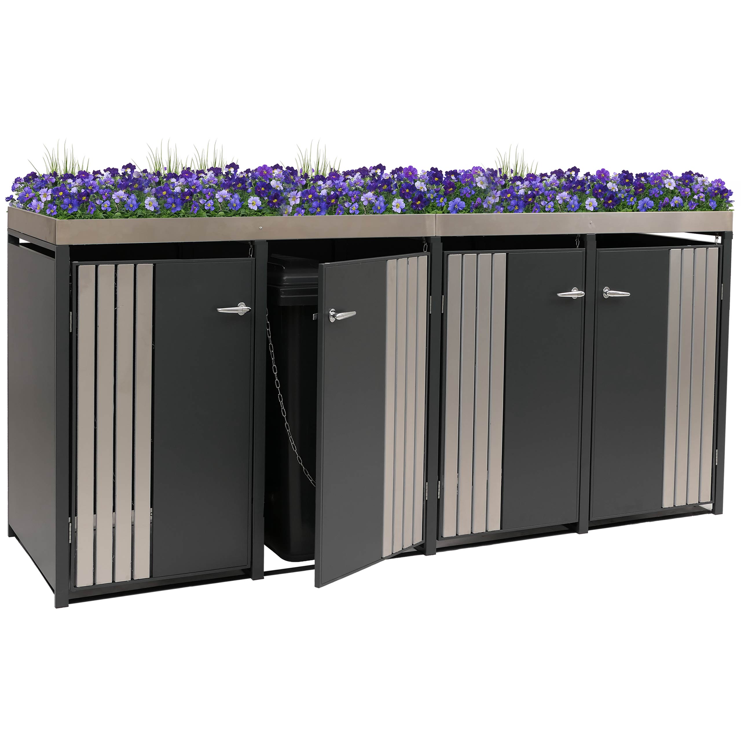 4er-M&uuml;lltonnenverkleidung MCW-O67, M&uuml;lltonnenbox mit Pflanzkasten, Metall 125x260x84cm 95kg ~ anthrazit Edelstahl - Bild 1