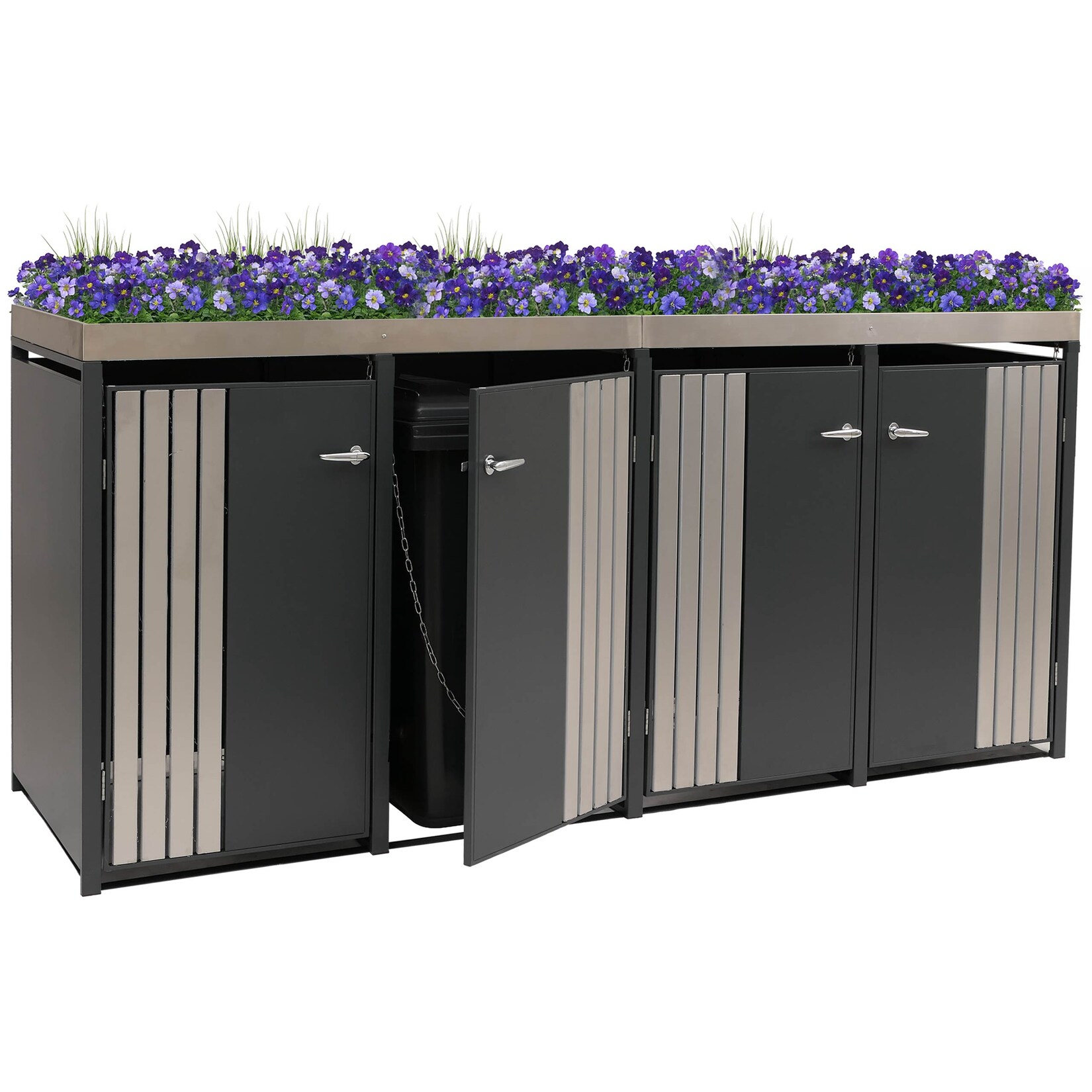 4er-Mülltonnenverkleidung MCW-O67, Mülltonnenbox mit Pflanzkasten, Metall 125x260x84cm 95kg ~ anthrazit Edelstahl