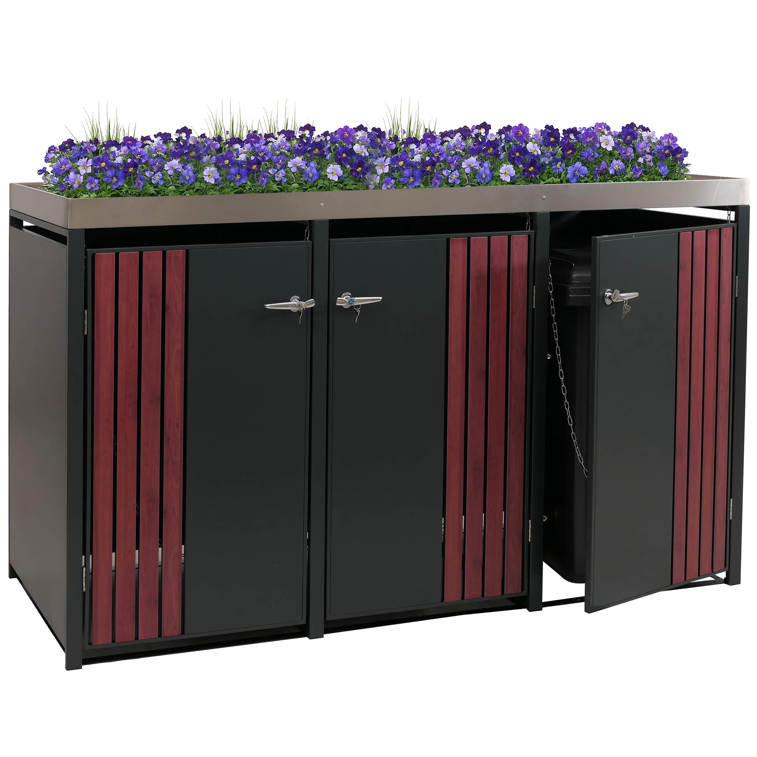 3er-M&uuml;lltonnenverkleidung MCW-O67, M&uuml;lltonnenbox mit Pflanzkasten, Metall 125x196x84cm 75kg ~ anthrazit Holzoptik dunkel - Bild 1