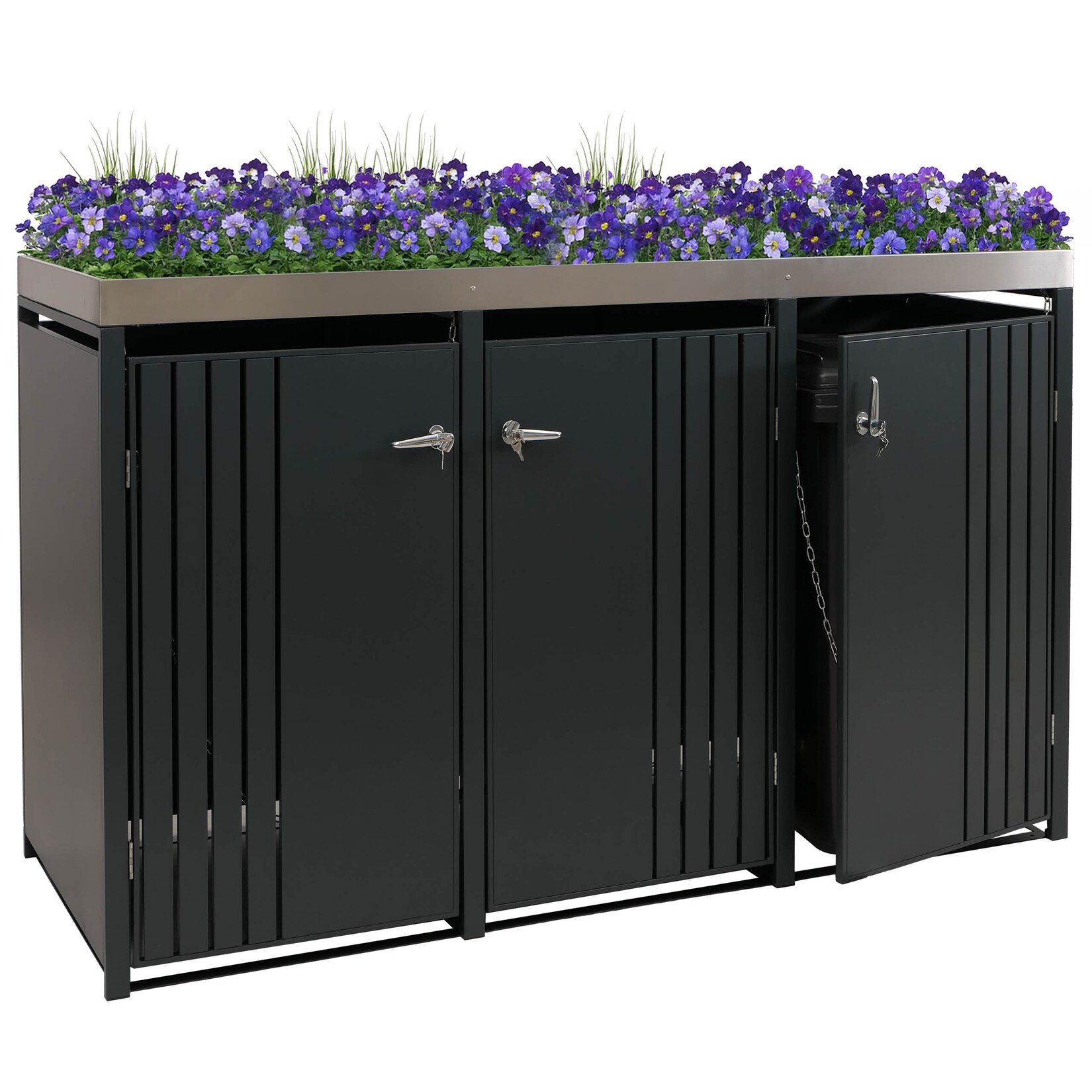 3er-Mülltonnenverkleidung MCW-O67, Mülltonnenbox mit Pflanzkasten, Metall 125x196x84cm 75kg ~ anthrazit