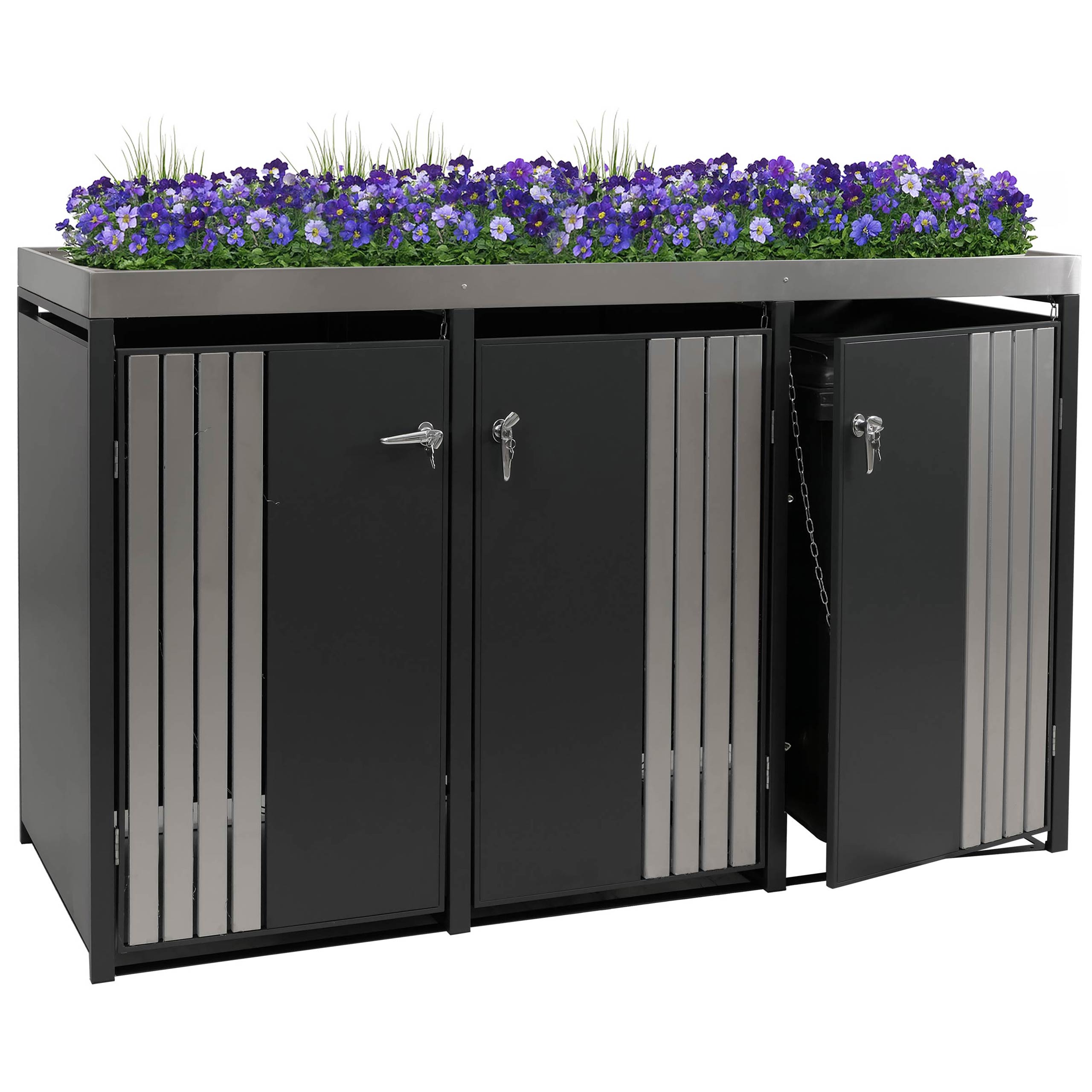 3er-M&uuml;lltonnenverkleidung MCW-O67, M&uuml;lltonnenbox mit Pflanzkasten, Metall 125x196x84cm 75kg ~ anthrazit Edelstahl - Bild 1