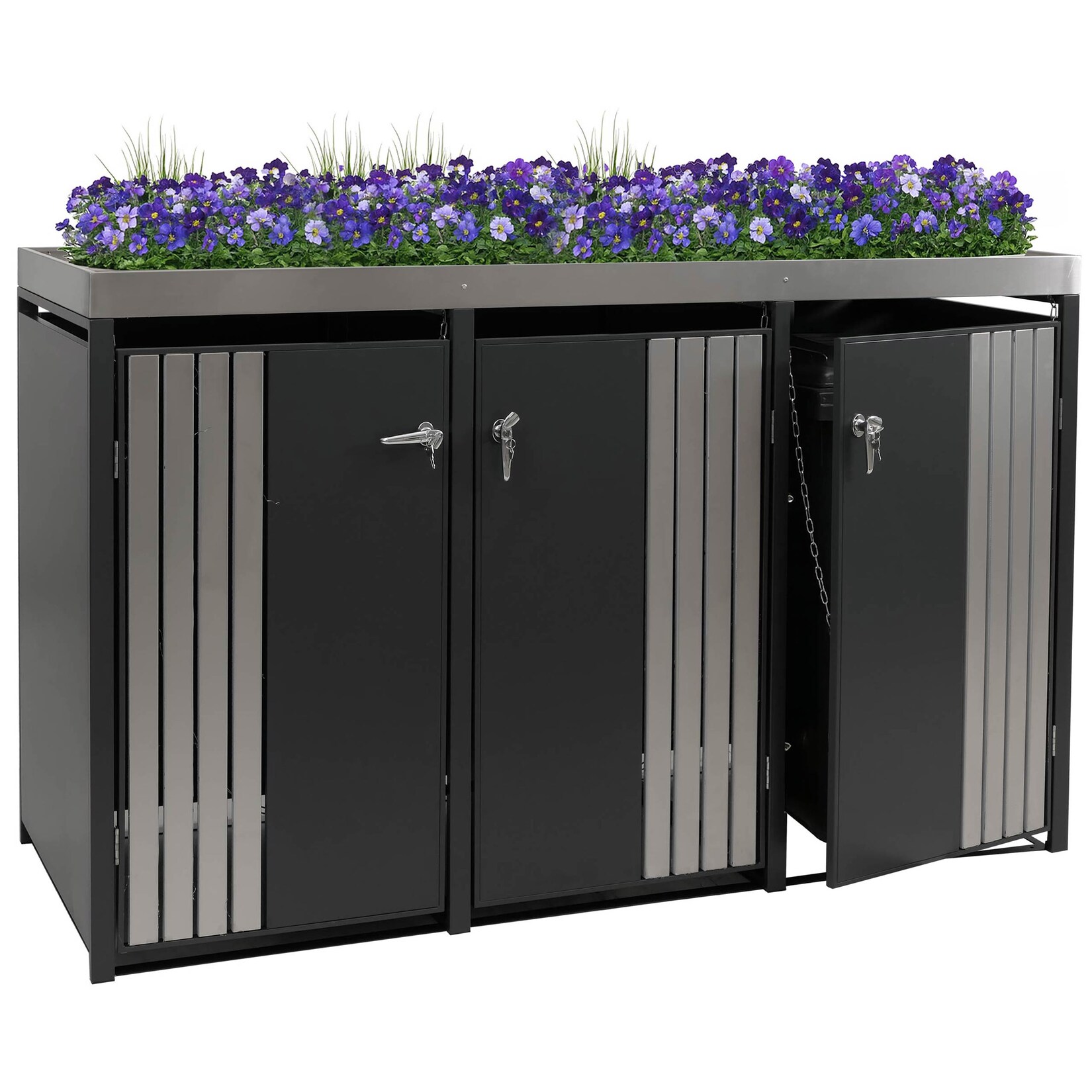 3er-Mülltonnenverkleidung MCW-O67, Mülltonnenbox mit Pflanzkasten, Metall 125x196x84cm 75kg ~ anthrazit Edelstahl