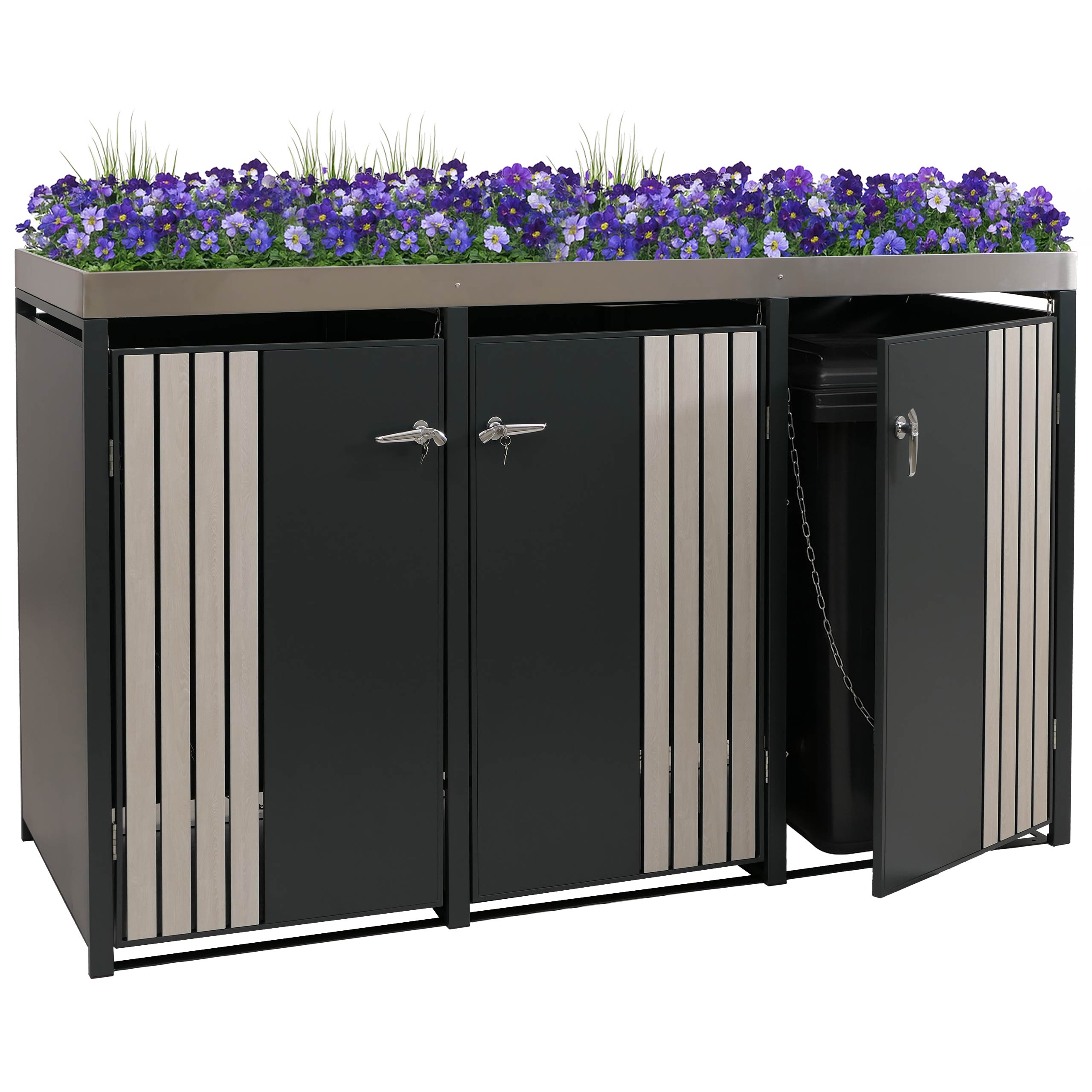 3er-M&uuml;lltonnenverkleidung MCW-O67, M&uuml;lltonnenbox mit Pflanzkasten, Metall 125x196x84cm 75kg ~ anthrazit Holzoptik hell - Bild 1