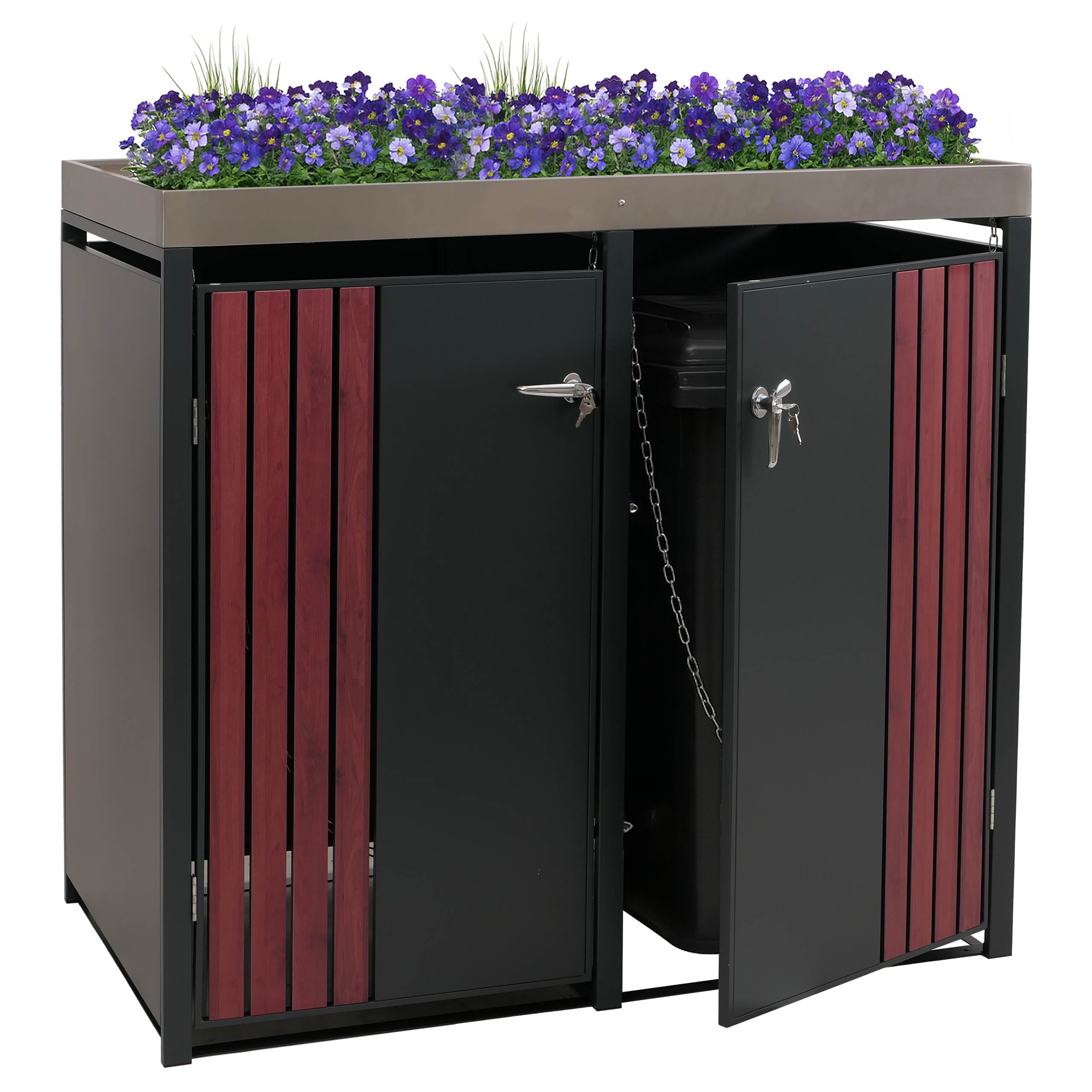 2er-M&uuml;lltonnenverkleidung MCW-O67, M&uuml;lltonnenbox mit Pflanzkasten, Metall 125x132x84cm 55kg ~ anthrazit Holzoptik dunkel - Bild 1