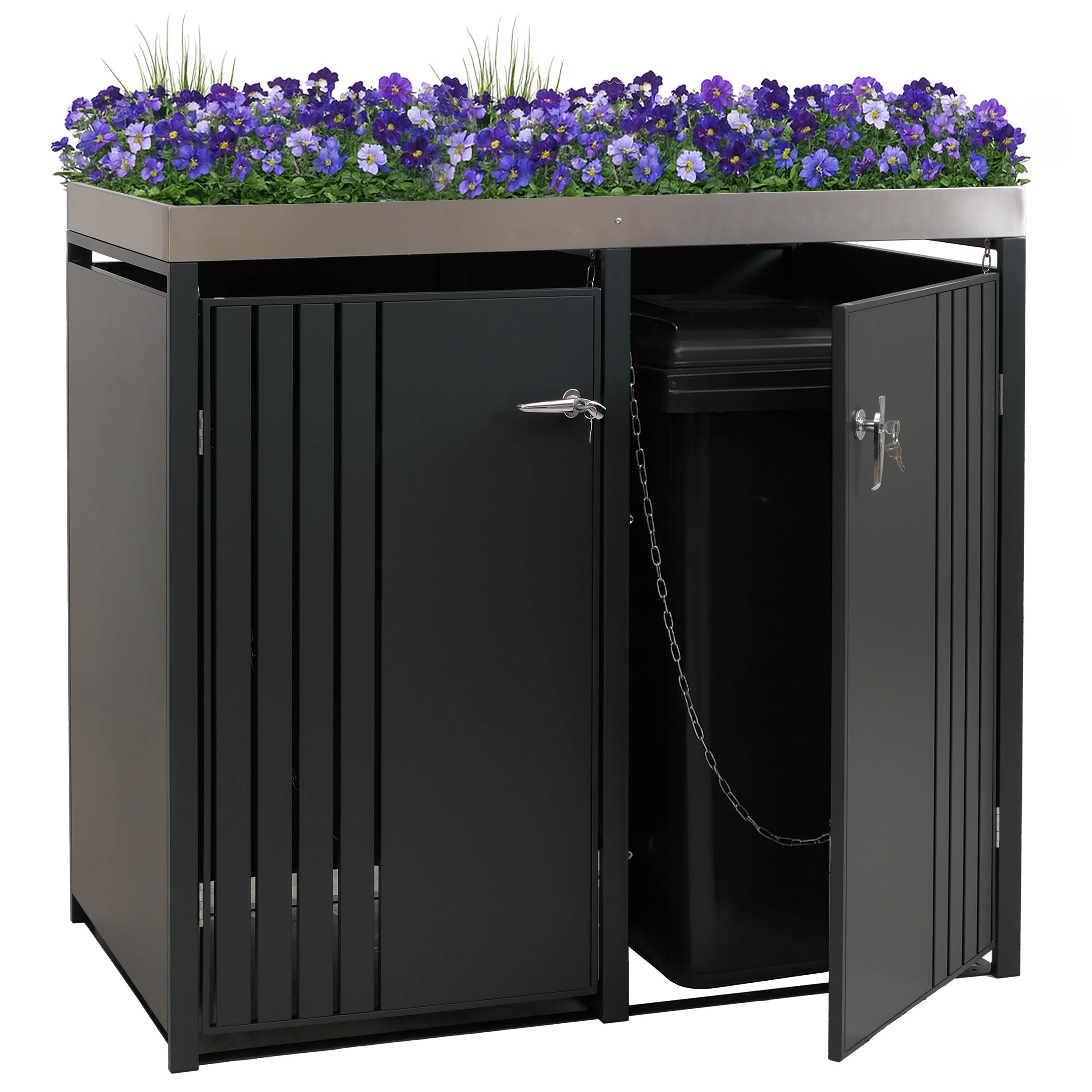 2er-M&uuml;lltonnenverkleidung MCW-O67, M&uuml;lltonnenbox mit Pflanzkasten, Metall 125x132x84cm 55kg ~ anthrazit - Bild 1