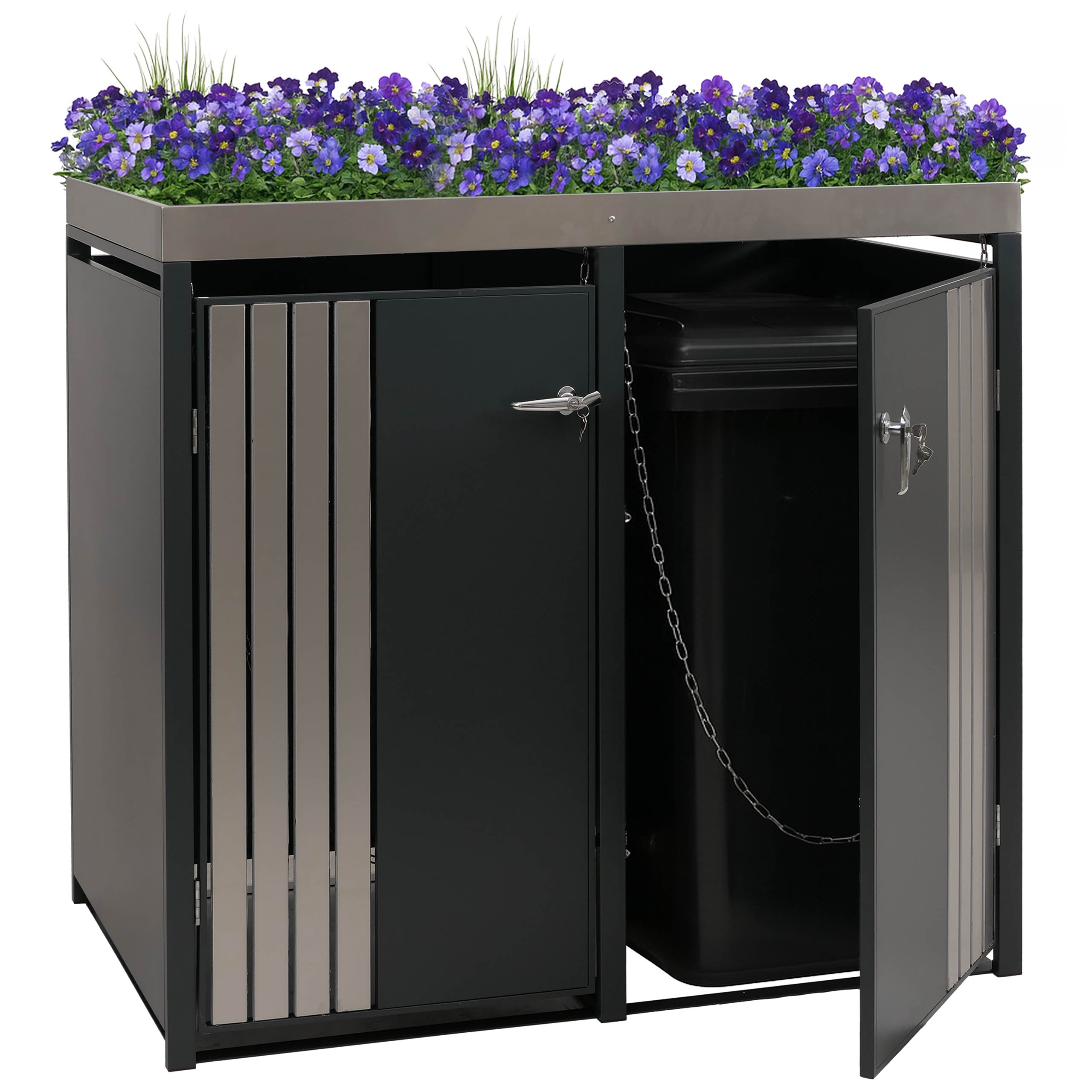 2er-M&uuml;lltonnenverkleidung MCW-O67, M&uuml;lltonnenbox mit Pflanzkasten, Metall 125x132x84cm 55kg ~ anthrazit Edelstahl - Bild 1