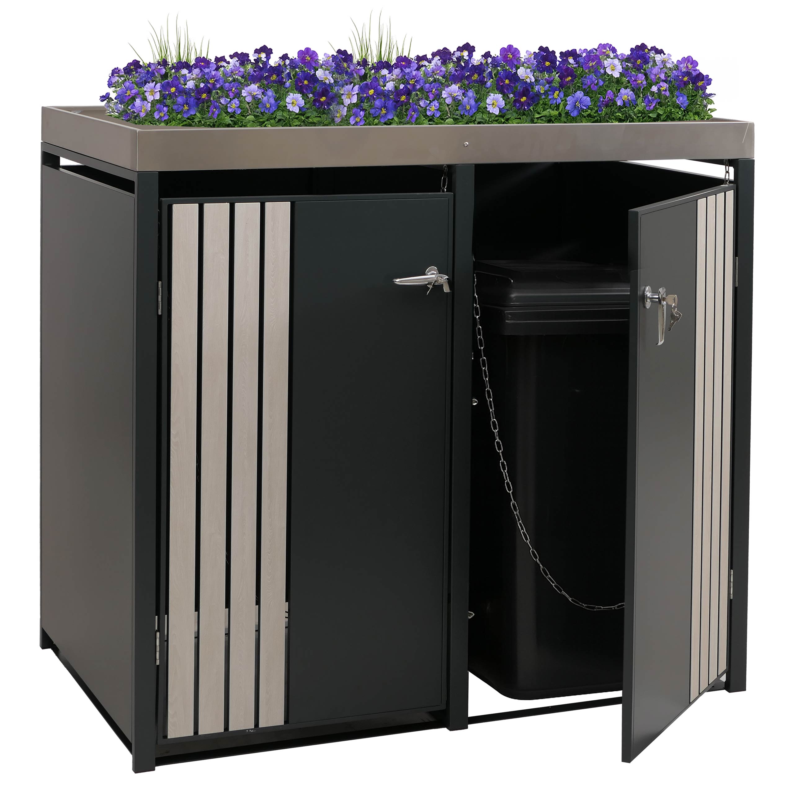 2er-M&uuml;lltonnenverkleidung MCW-O67, M&uuml;lltonnenbox mit Pflanzkasten, Metall 125x132x84cm 55kg ~ anthrazit Holzoptik hell - Bild 1