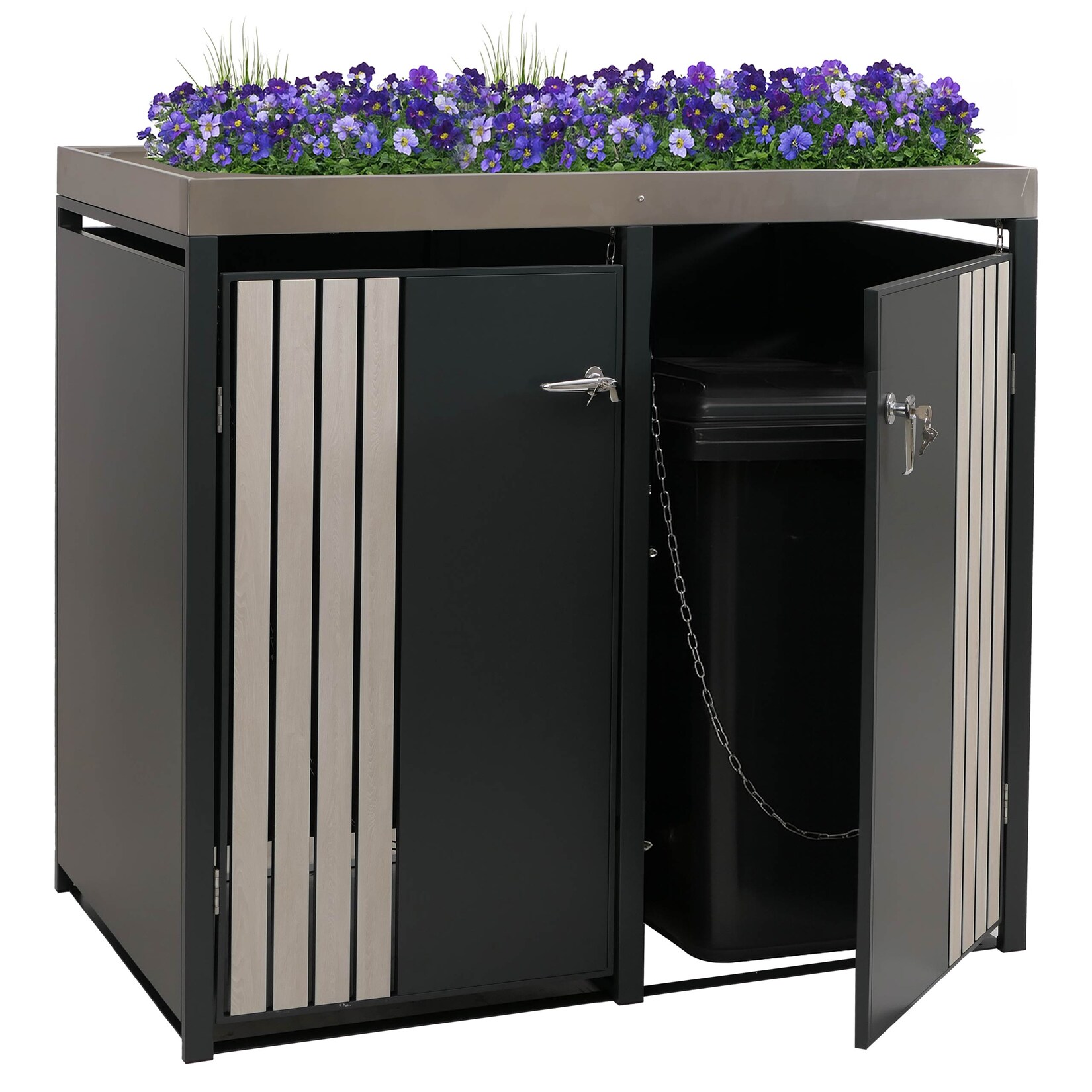 2er-Mülltonnenverkleidung MCW-O67, Mülltonnenbox mit Pflanzkasten, Metall 125x132x84cm 55kg ~ anthrazit Holzoptik hell