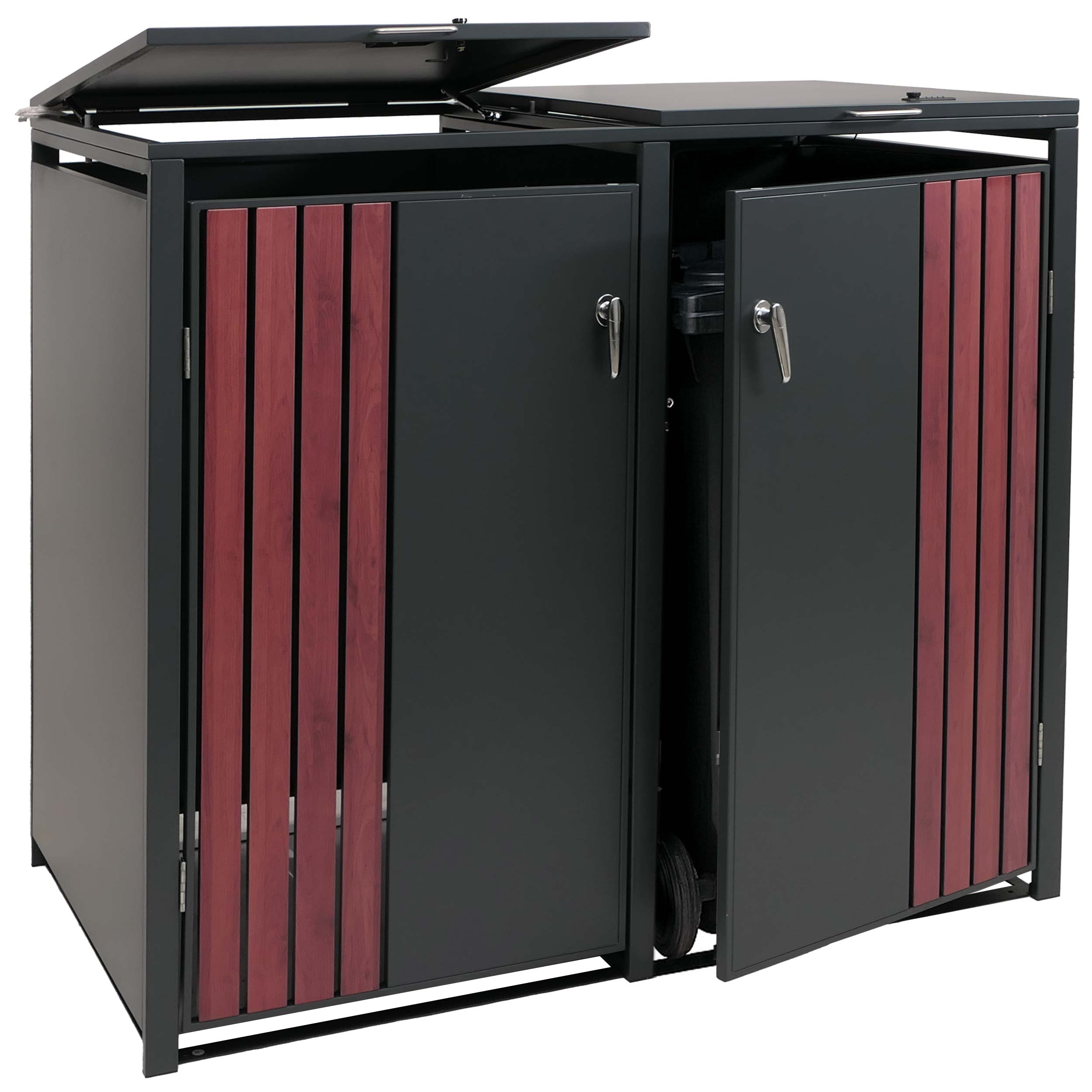 2er-M&uuml;lltonnenverkleidung MCW-O67, M&uuml;lltonnenbox mit Deckel, Metall 122x132x84cm 53kg ~ anthrazit Holzoptik dunkel - Bild 1