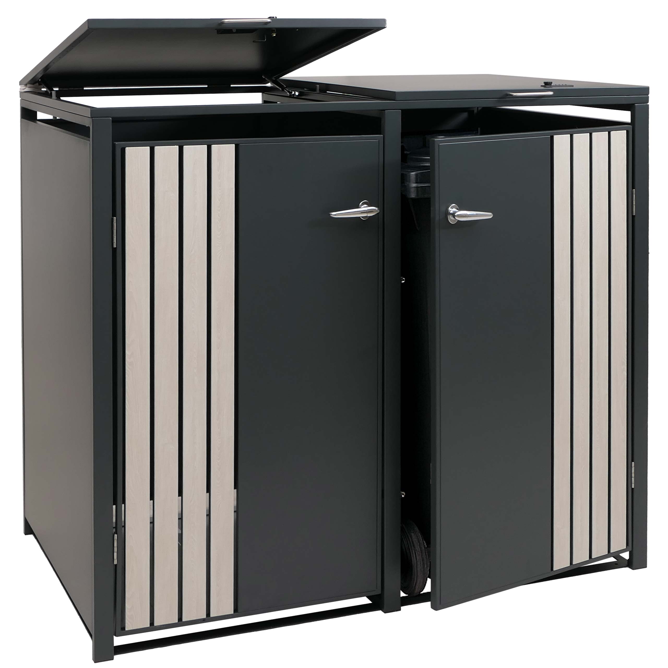 2er-M&uuml;lltonnenverkleidung MCW-O67, M&uuml;lltonnenbox mit Deckel, Metall 122x132x84cm 53kg ~ anthrazit Holzoptik hell - Bild 1