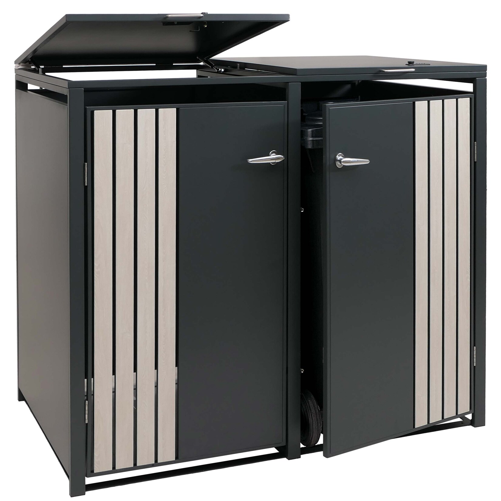 2er-Mülltonnenverkleidung MCW-O67, Mülltonnenbox mit Deckel, Metall 122x132x84cm 53kg ~ anthrazit Holzoptik hell