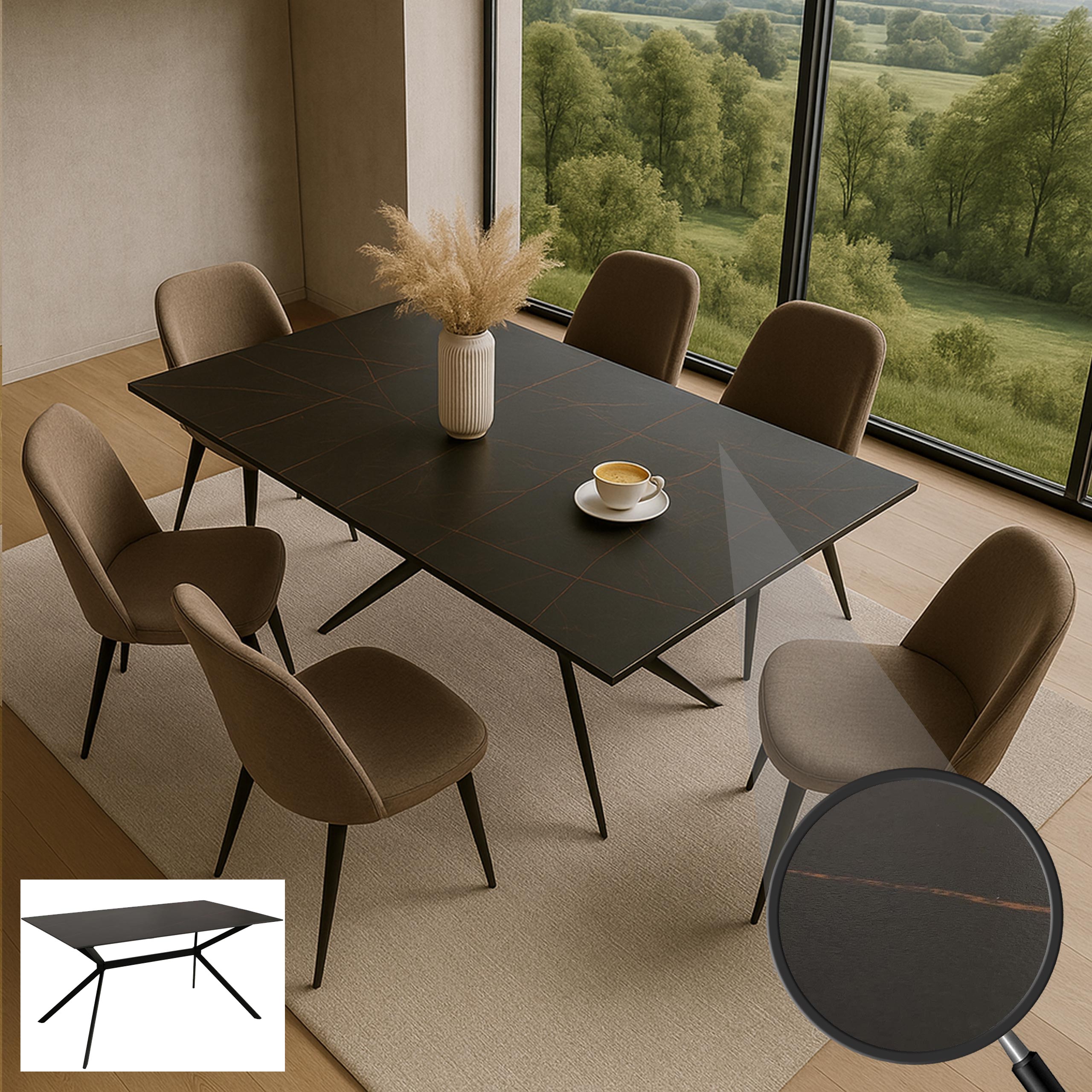 Esszimmertisch MCW-O58, Esstisch Sinterstein Metall, Marmor-Optik 160cm ~ schwarz-gold - Bild 1