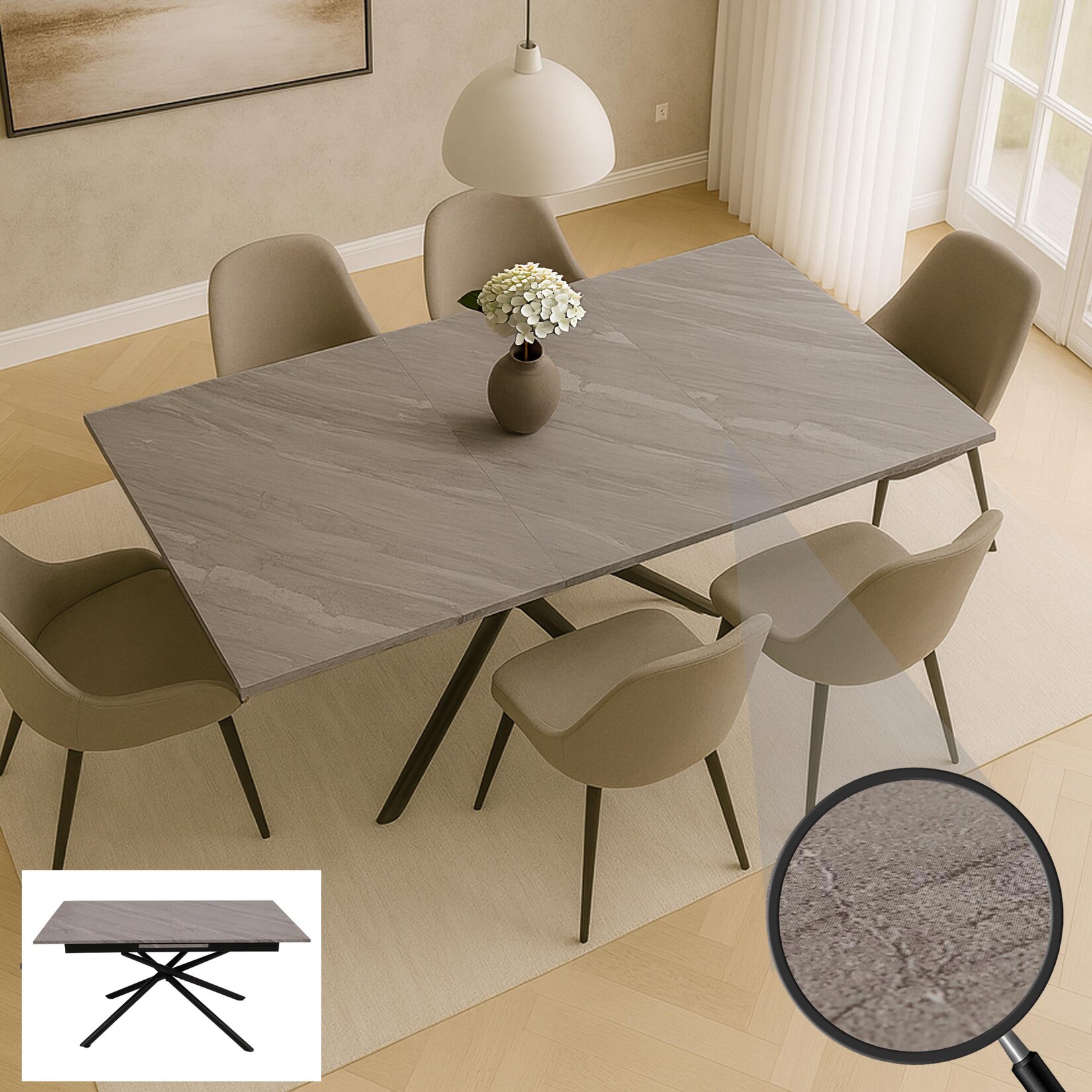 Esszimmertisch MCW-O57, Ausziehtisch Esstisch, Eisen MDF ausziehbar 160-200x90cm ~ Marmor-Optik grau