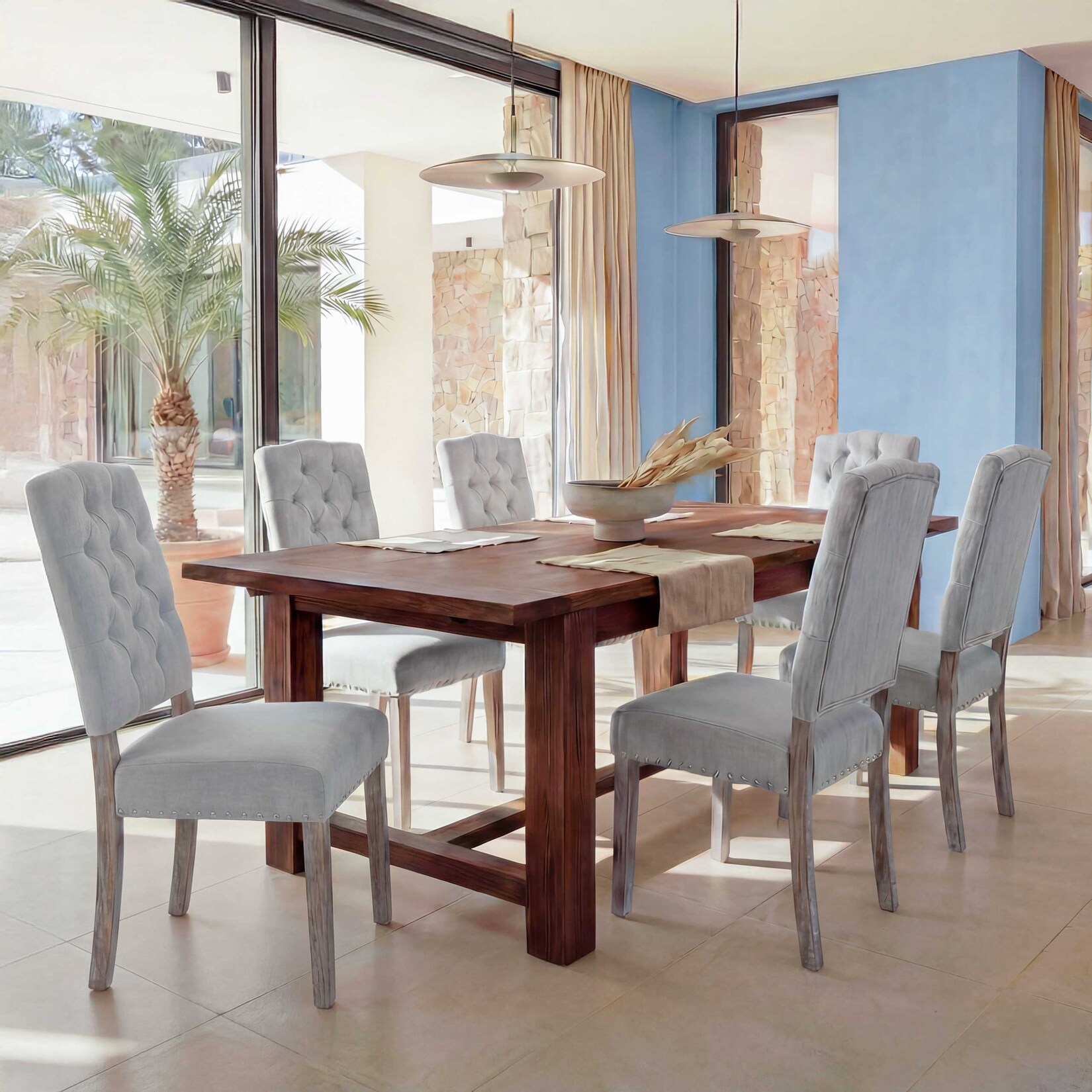 6er-Set Esszimmerstuhl MCW-O66b, Küchenstuhl Polsterstuhl, Chesterfield Nieten Stoff/Textil, hellgrau | 04057651775586