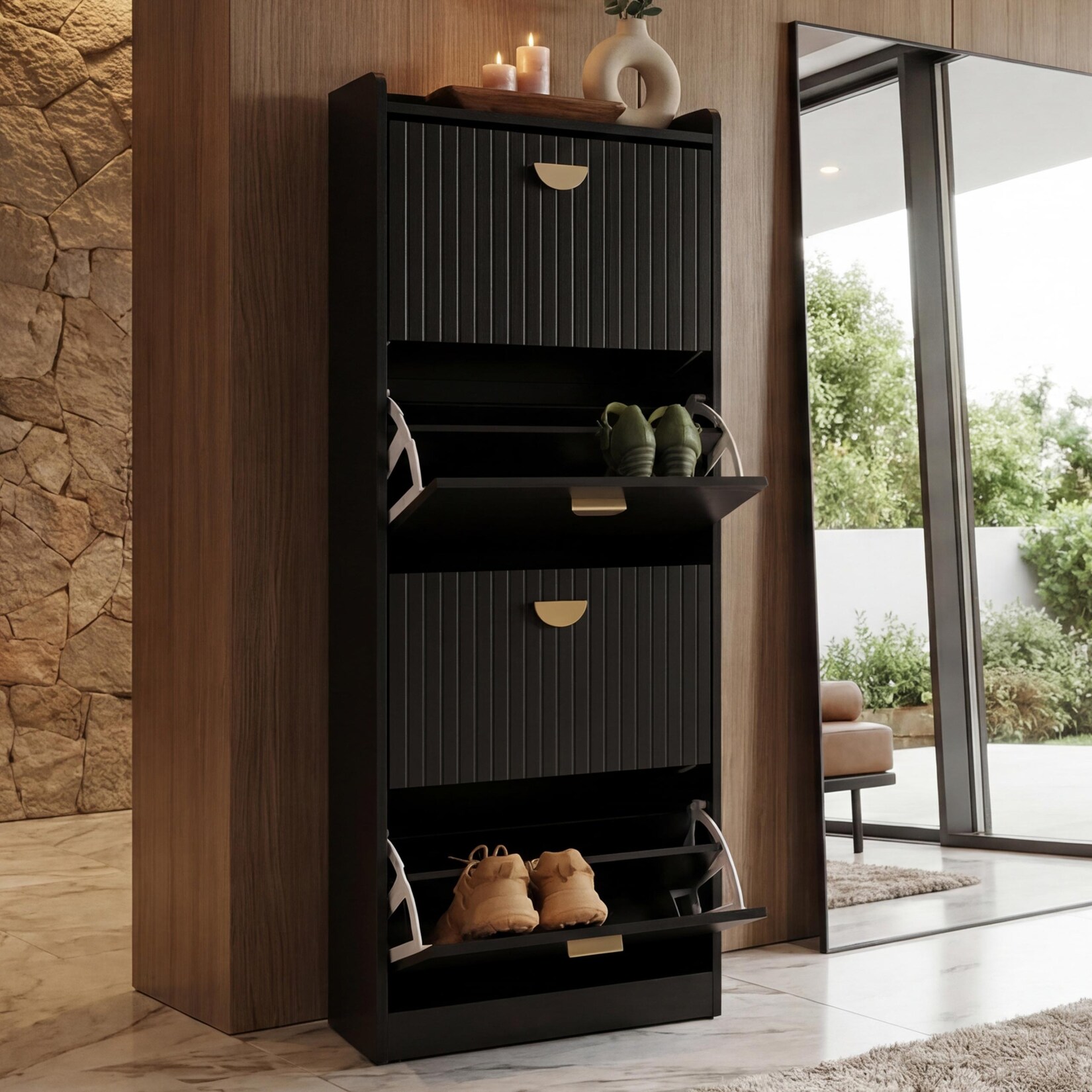 Schuhschrank MCW-O39, Schuhkipper Schuhregal 4 Klappen Klappfächer MDF Melamin Metall 148x50x24cm ~ Holzoptik schwarz | 04057651792880