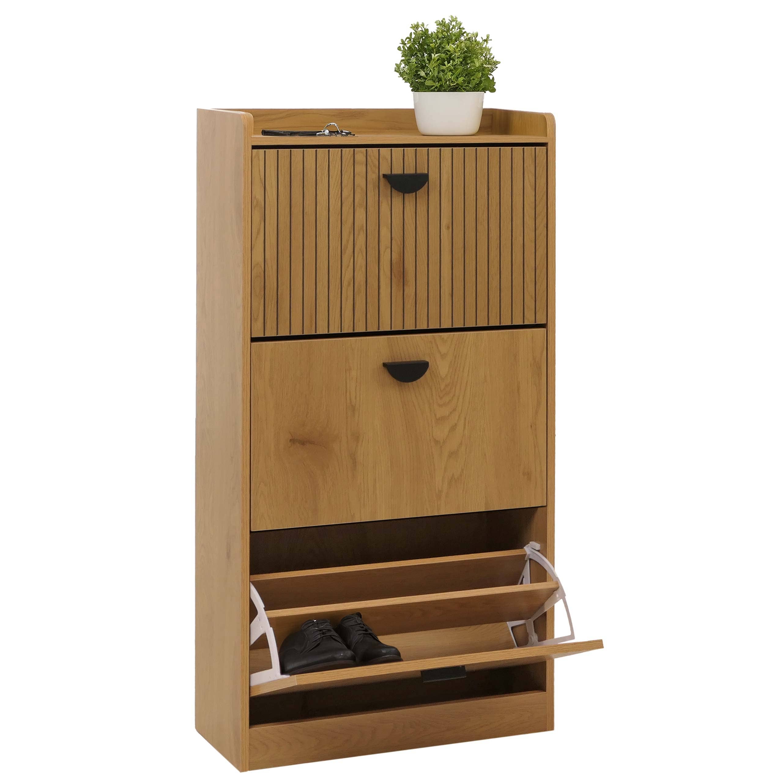 Schuhschrank MCW-O39, Schuhkipper Schuhregal 3 Klappen Klappf&auml;cher MDF Melamin Metall 117x60x24cm ~ natur - Bild 1