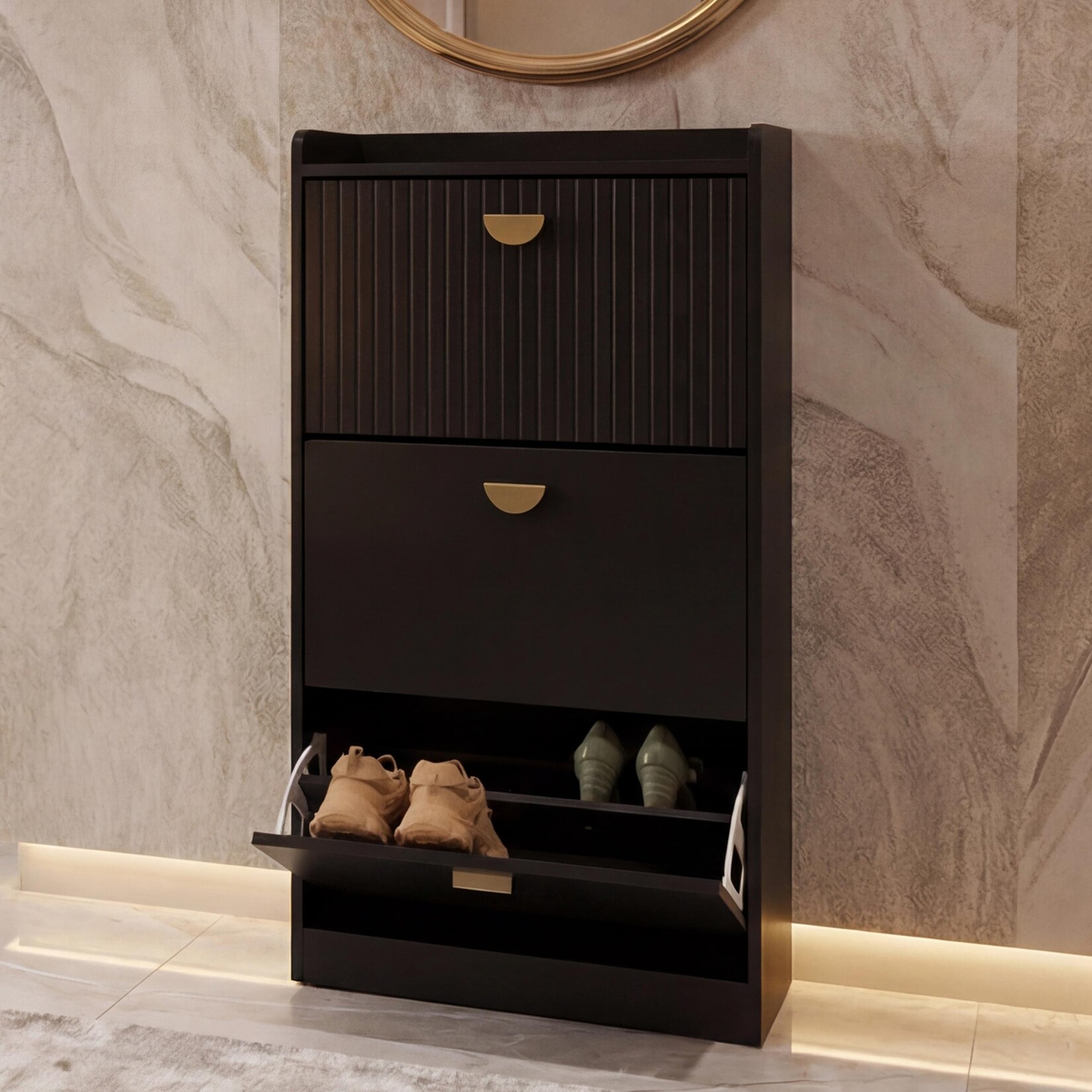 Schuhschrank MCW-O39, Schuhkipper Schuhregal 3 Klappen Klappfächer MDF Melamin Metall 117x60x24cm ~ Holzoptik schwarz