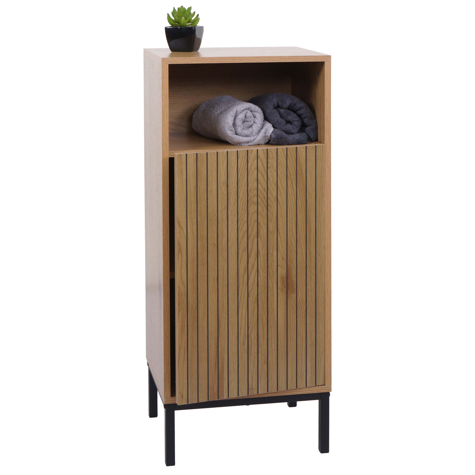 Kommode MCW-O42, Badezimmerkommode Badschrank Schrank mit 1 Tür, 3 Staufächer, MDF Melamin 98x39x30cm ~ Holzoptik natur