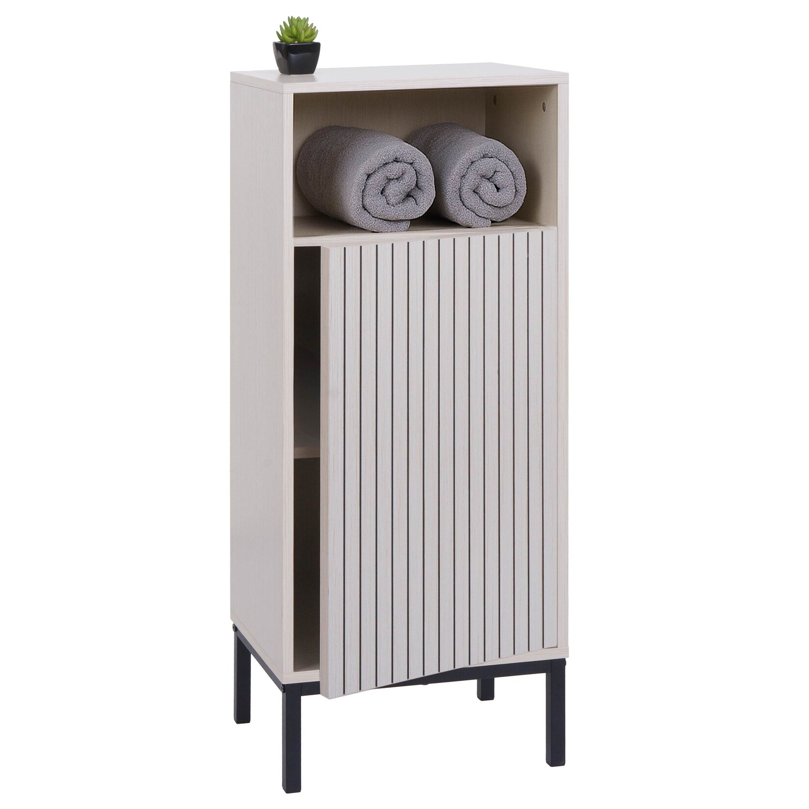 Kommode MCW-O42, Badezimmerkommode Badschrank Schrank mit 1 Tür, 3 Staufächer, MDF Melamin 98x39x30cm ~ Holzoptik beige